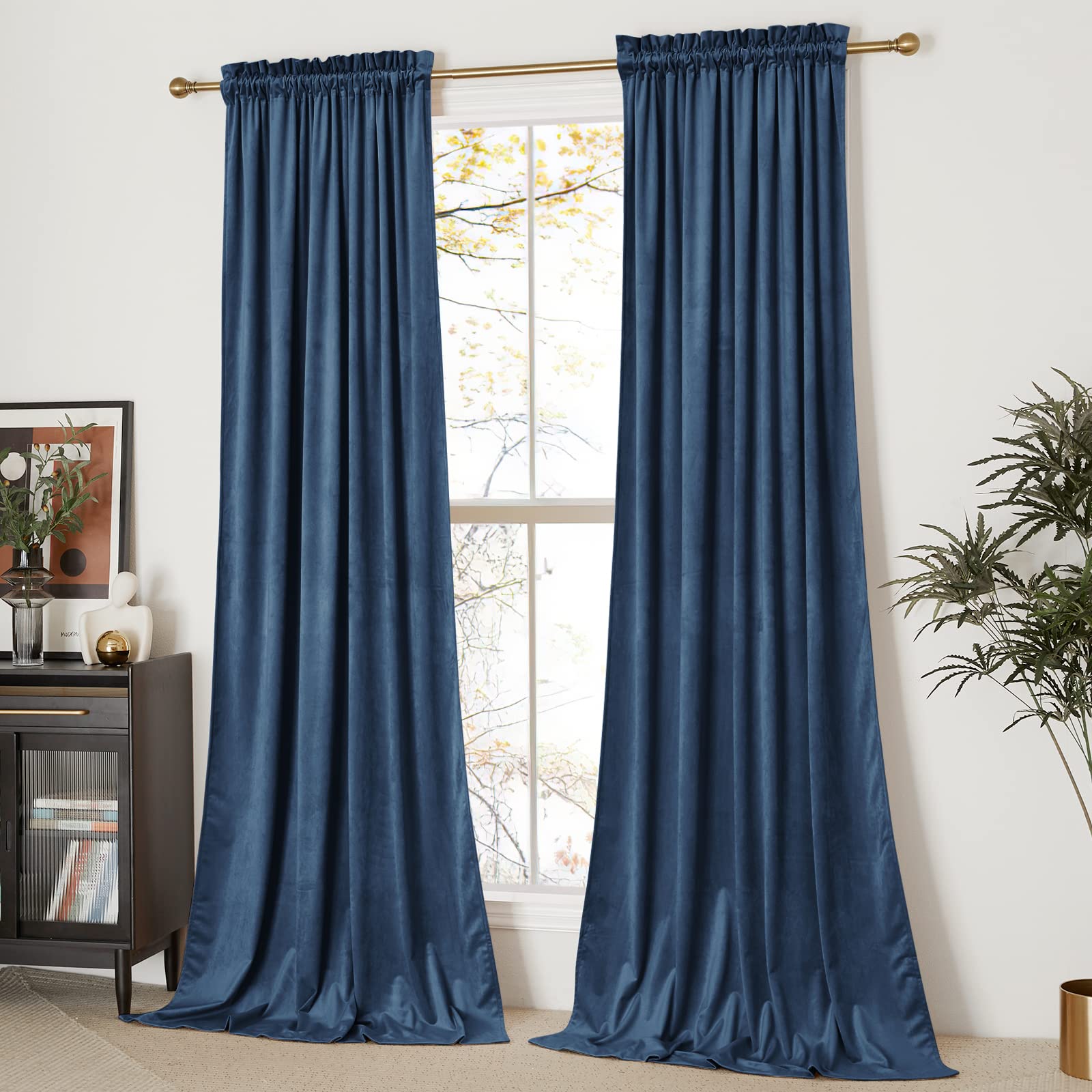 Nicetown Navy Velvet Curtains 84 Inches For Bedroom, Sound Reducing Heavy-Duty Solid Rod Pocket Light Blocking Drapes/Panels For