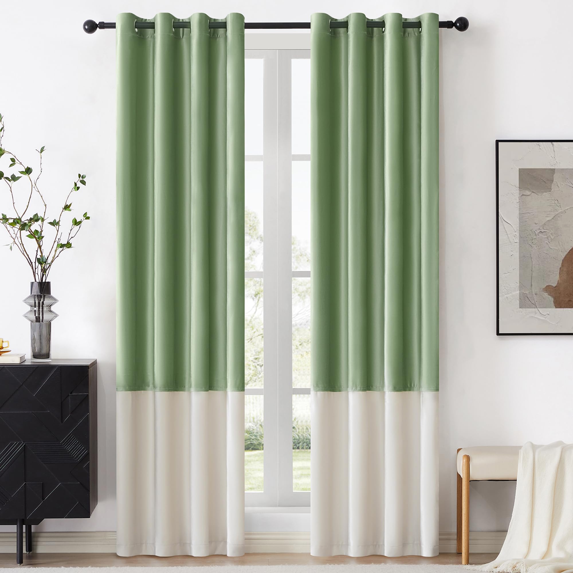 Bulbul Color Block Window Curtains Panels 96 Inches Long Sage Green Ivory Velvet Farmhouse Drapes For Bedroom Living Room Darken