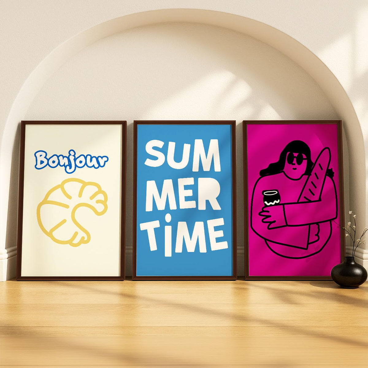 SoulAbiti Bonjour Croissant & Sunshine set of 3 Framed Wall Print 12x18 inch Dark Brown Frame PlexiGlass Preppy Art ready to ha