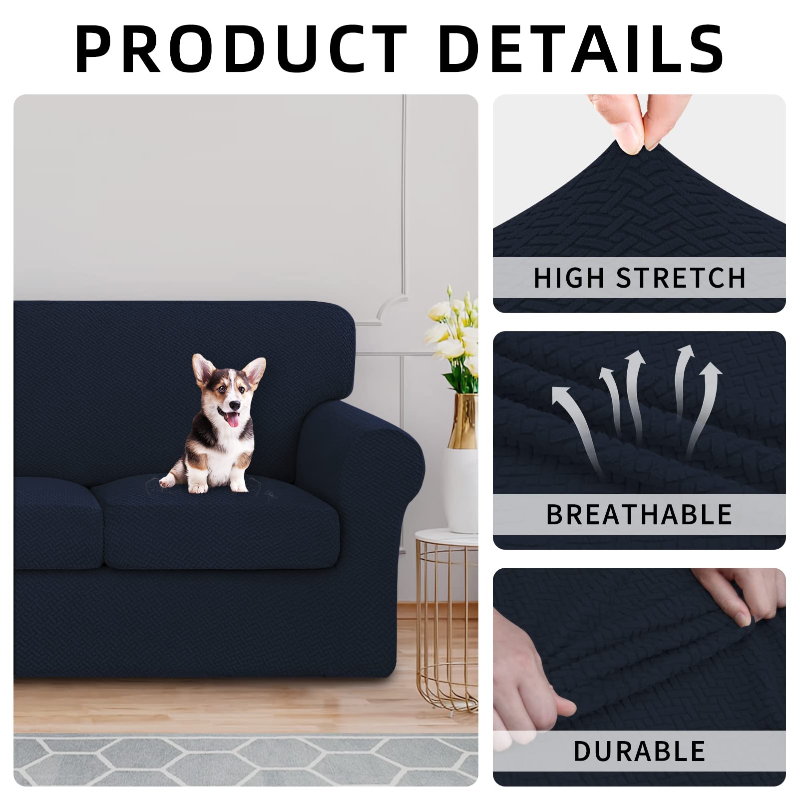 Issuntex 4 Pieces High Stretch Thicken Couch Covers, Soft Sofa Slipcover For 3 Separate Cushion Couch, Jacquard Fabric Elastic S