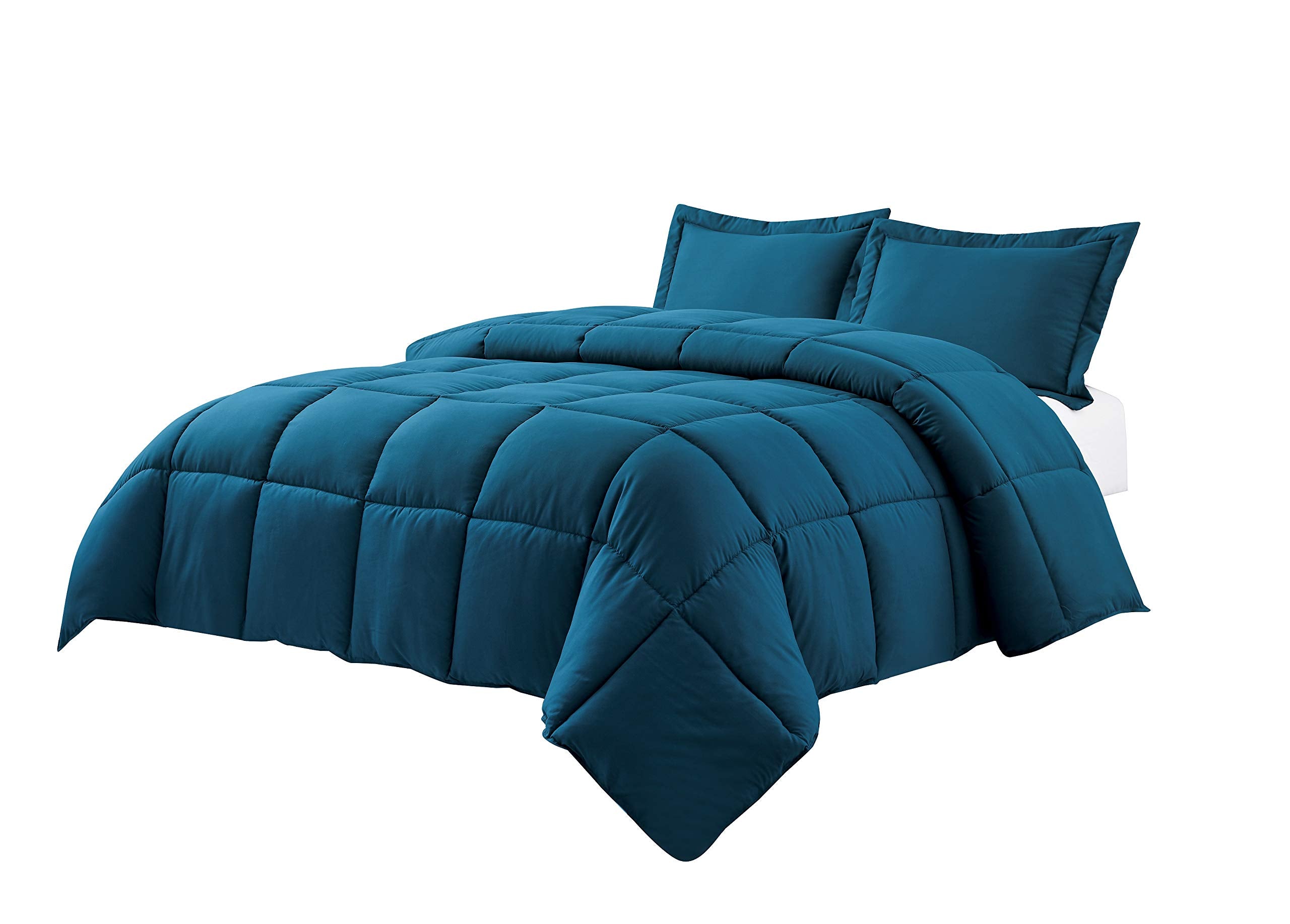 3 Piece All Season Down Alternative Comforter And Pillowcase Set Hypoallergenic Plush Microfiber Fill (Navy Blue, Queen)