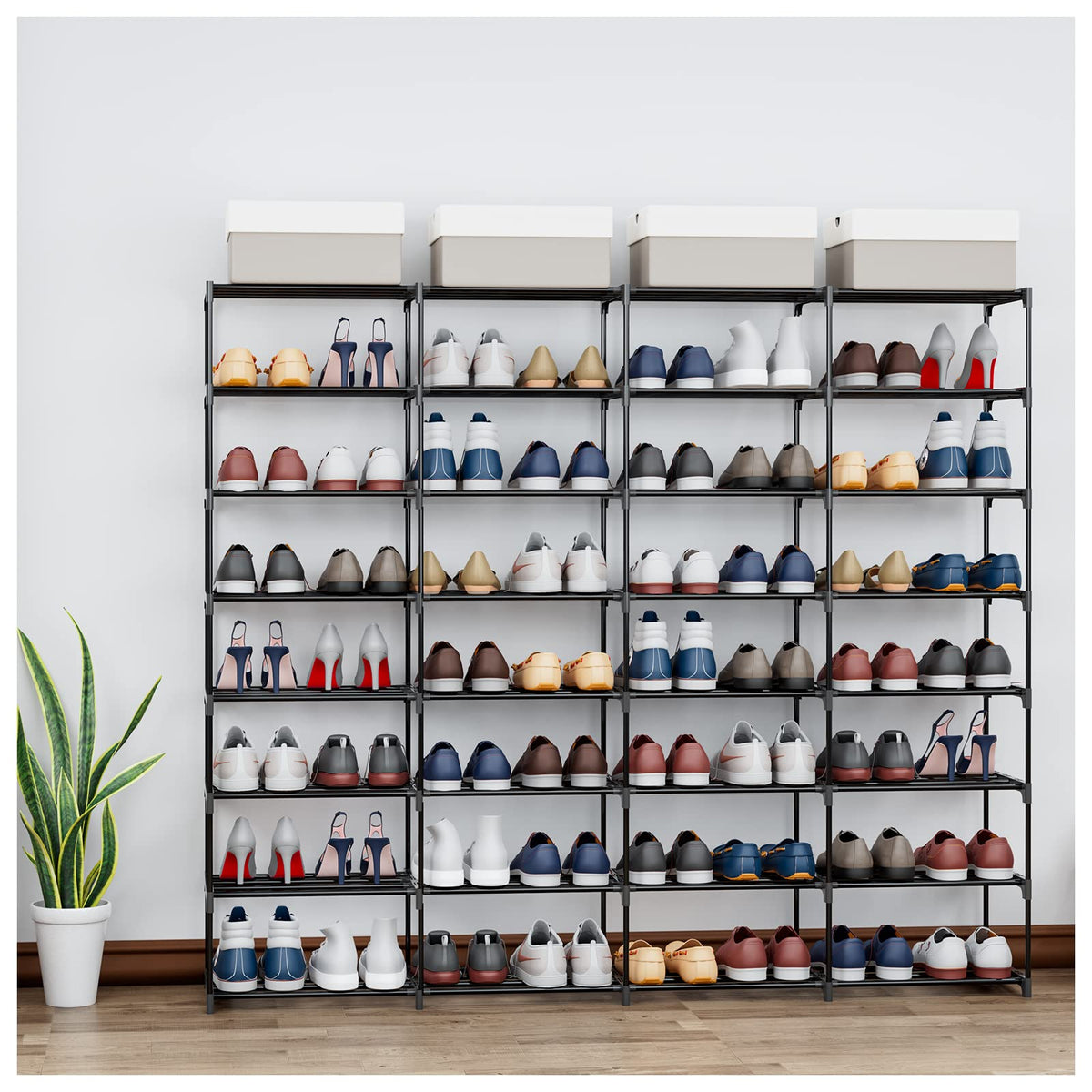 SMILHELTD Metal Shoe Rack Large Capacity 4 Rows 8 Tier 56-64 Pairs Shoes Boots Storage Organizer