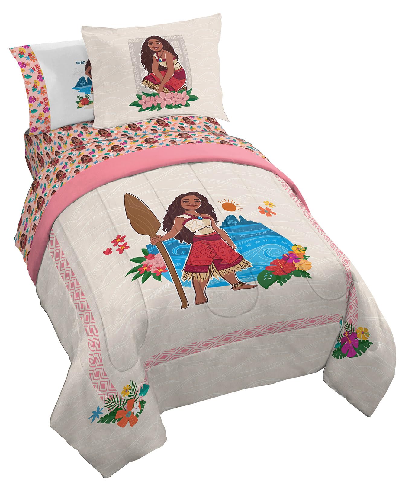 Jay Franco Disney Moana Twin Comforter Set - 5 Piece Bedding Includes Sheet Set & Pillow Covers - Super Soft Floral Cozy Bedding