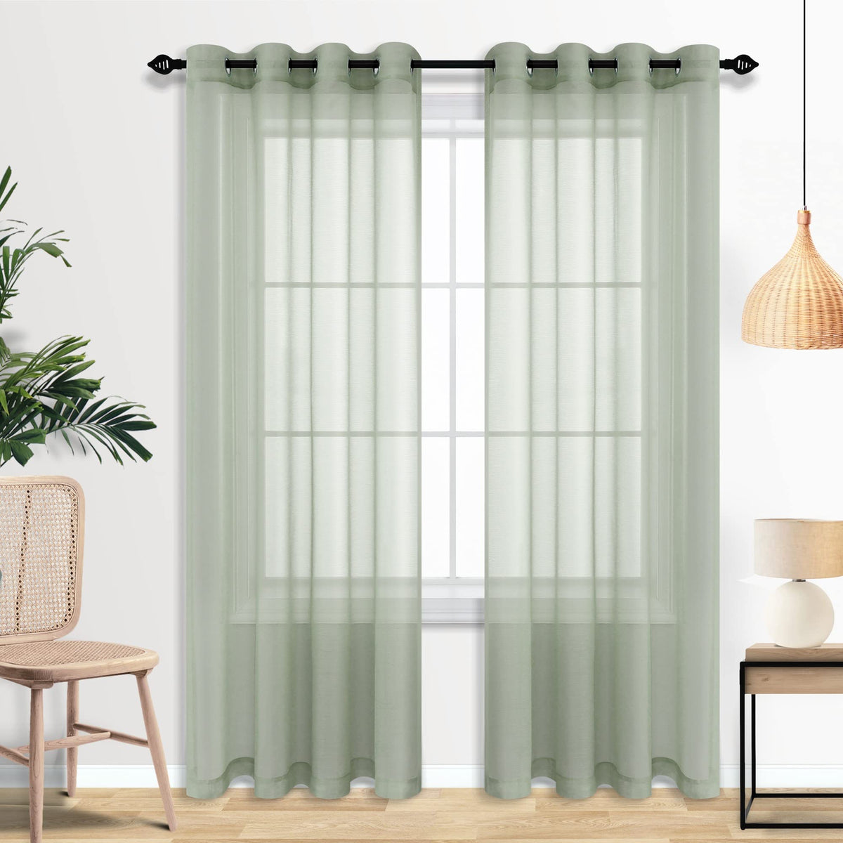 Mrs.Naturall Airy See Through Sage Green Curtains 52X96 Inches Long For Living Room 2 Panel Sets Grommet Faux Linen Light Green