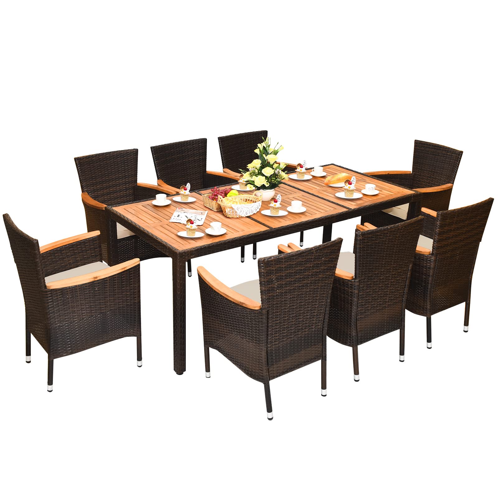 Dortala 9-Piece Patio Dining Set, Acacia Wood & Rattan Furniture Set With 8 Cushioned Stackable Armrest Chairs And Table, Outdoor Table & Chair Set For Backyard, Garden, Poolside