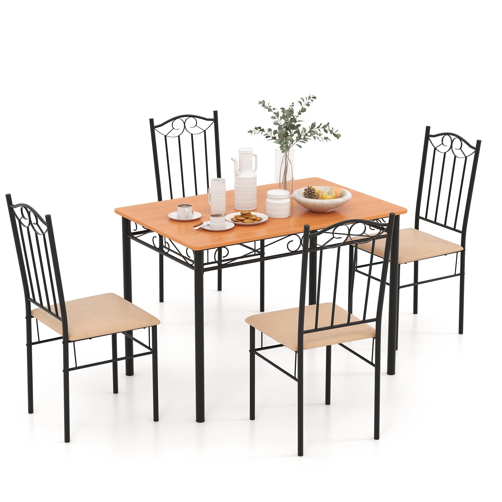 NAFORT 5-Piece Vintage Rectangular Table Set for 4, 4 Padded Chairs w/Metal Frame Wood Tabletop for Home Kitchen Dining Room Fur