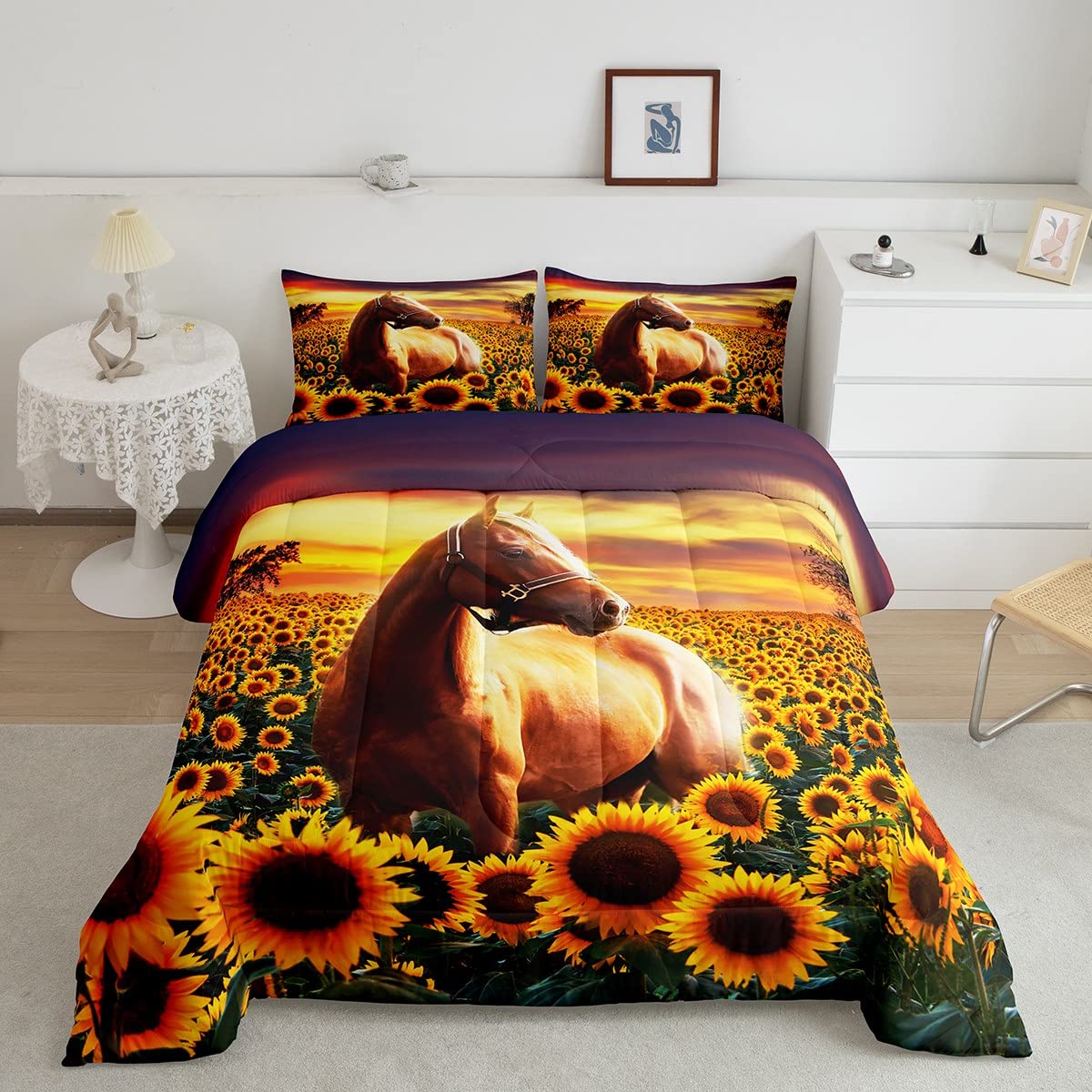3D Horse Comforter Set for Kids Boys Wild Animal Down Comforter Girls Teen Adult Women Sunflower Quilted Duvet Brown Horse Beddi
