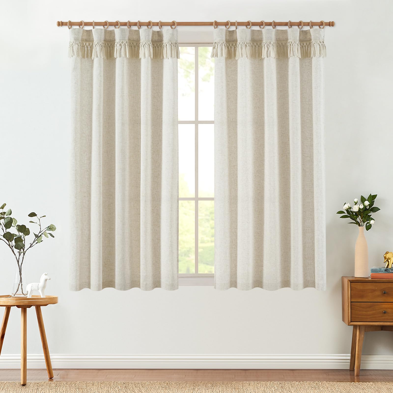 Jinchan Linen Blend Curtains With Tassels, Curtains For Living Room 63 Inches Long, Boho Curtains, Rod Pocket Back Tab Flax Farmhouse Curtains For Bedroom Light Filtering Window Curtain Set 2 Panels