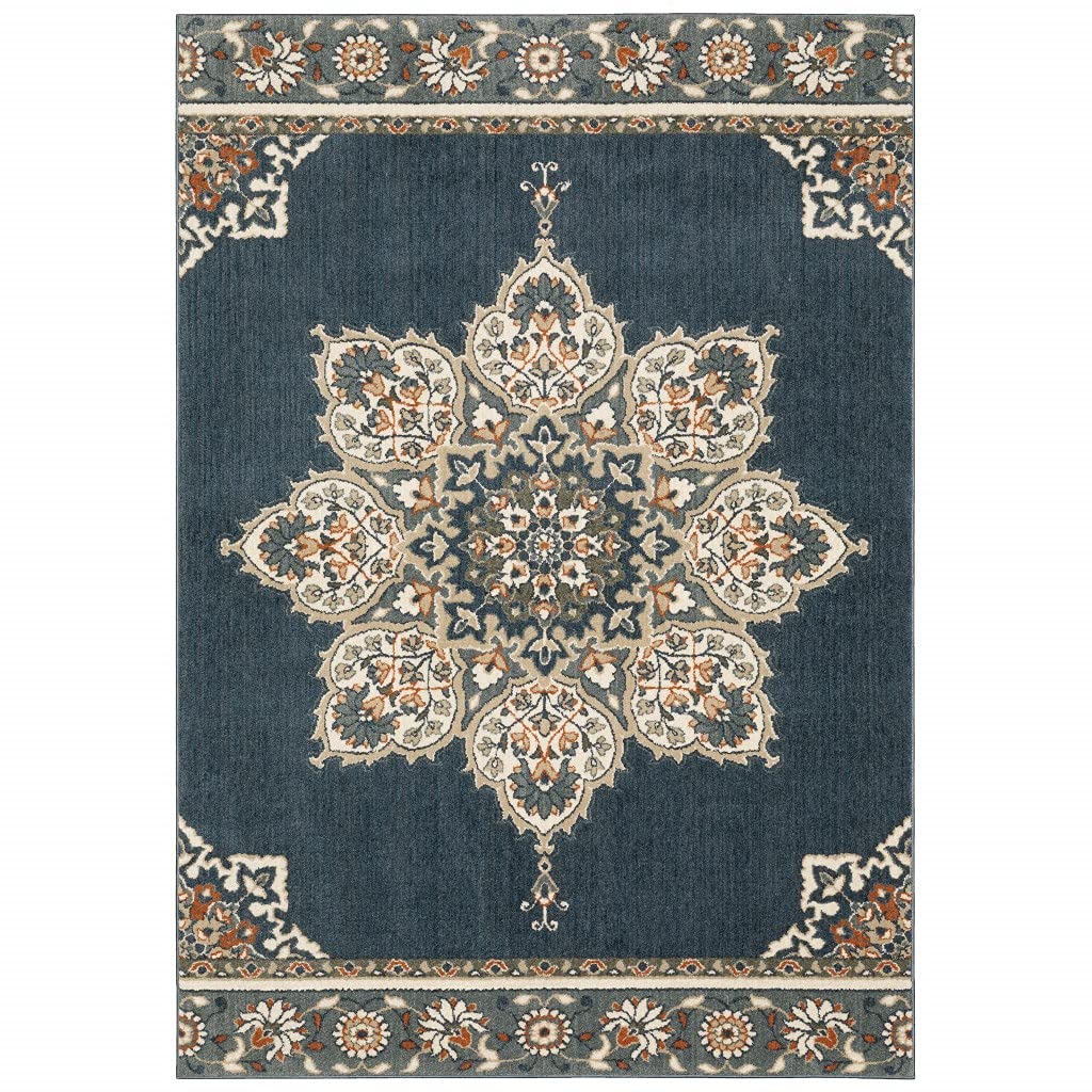 HomeRoots Polyester 7’ x 9’ Blue and Beige Floral Medallion Indoor Area Rug