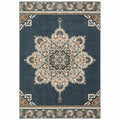 HomeRoots Polyester 8’ x 10’ Blue and Beige Floral Medallion Indoor Area Rug