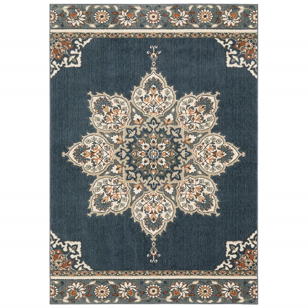 HomeRoots Polyester 8’ x 10’ Blue and Beige Floral Medallion Indoor Area Rug