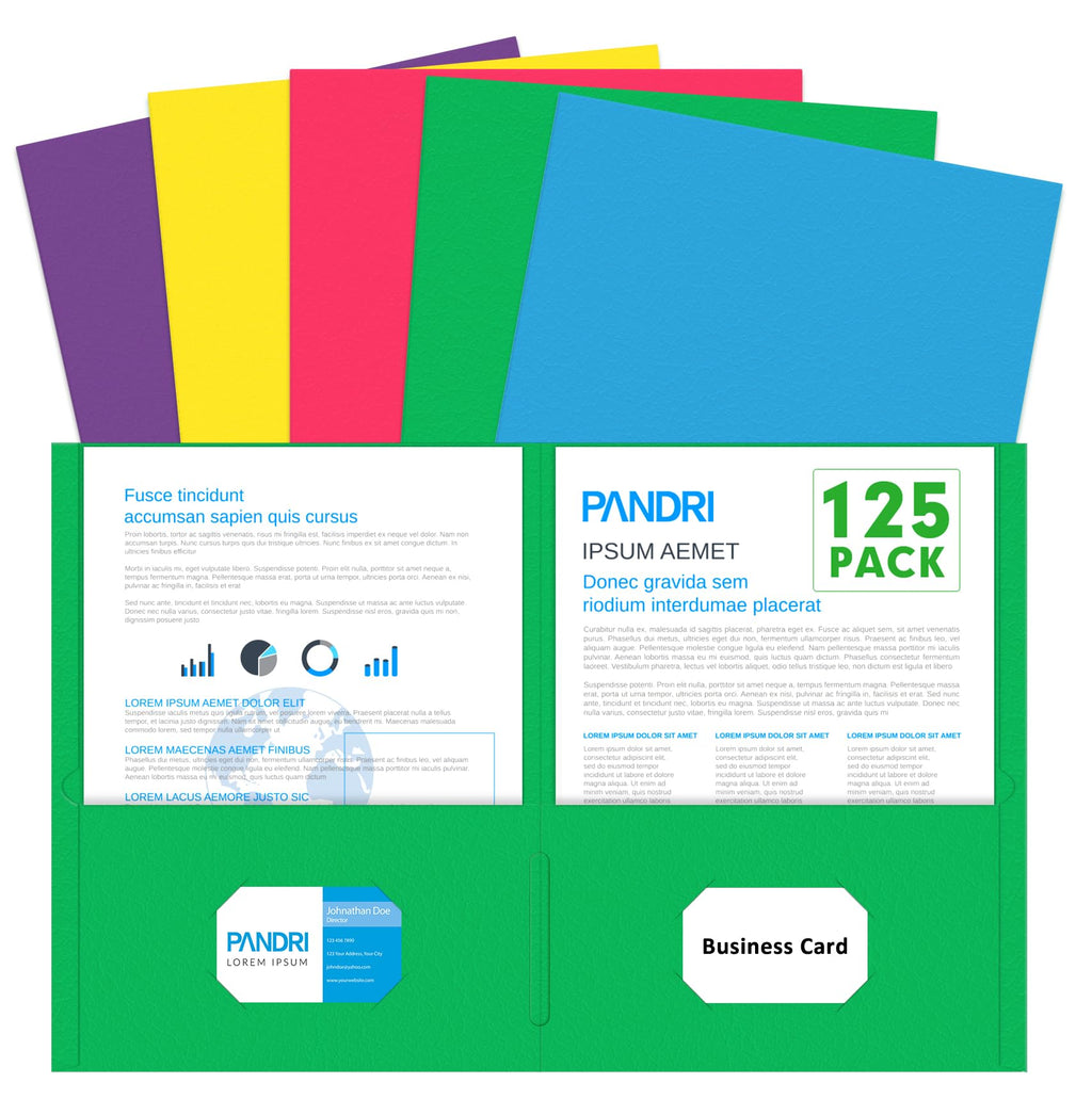 Two Pocket Folders, Pandri 125 Pack 2 Pocket Folders, Letter Size Paper File Folder For School Office Home Business, Assorted 5