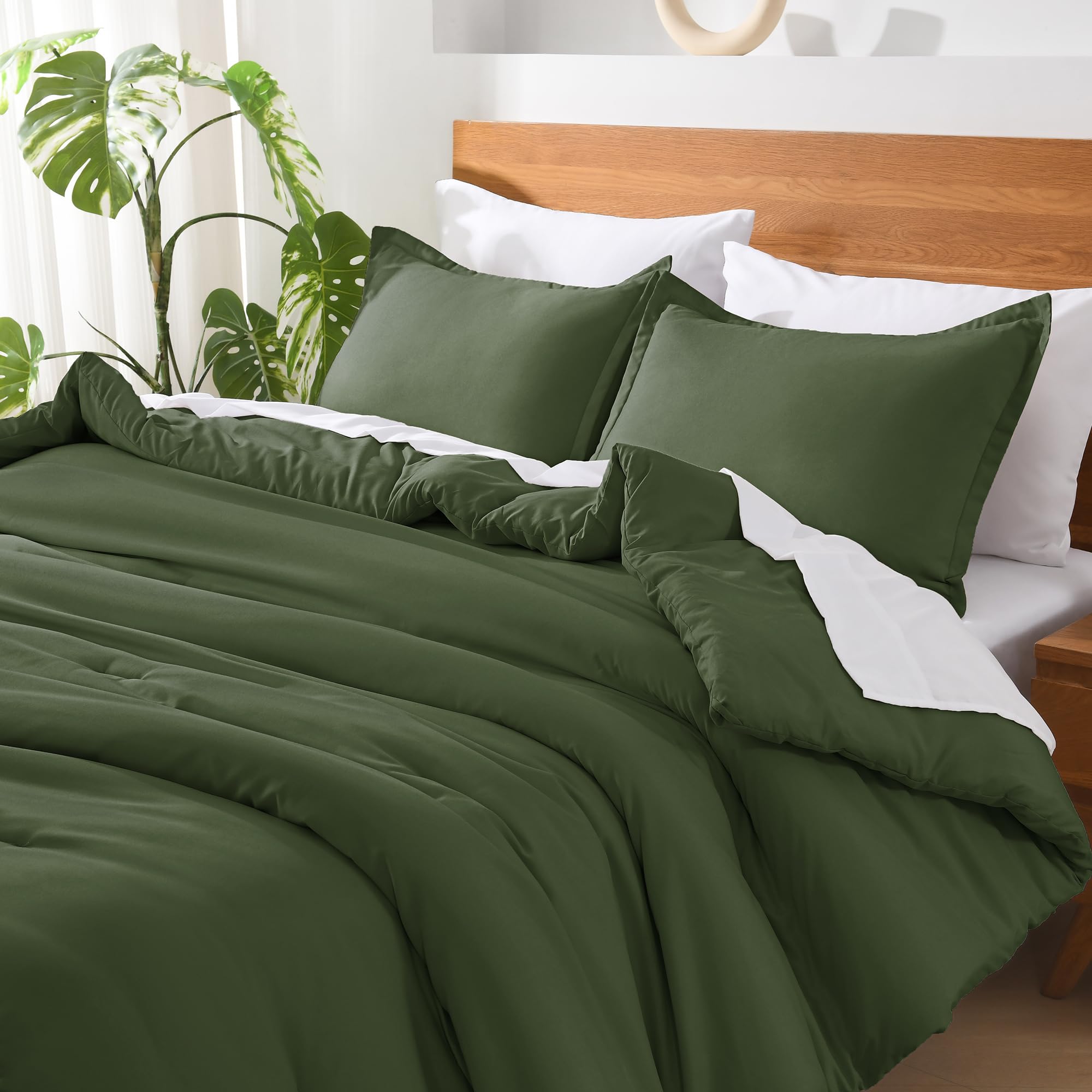 Andency Olive Green Comforter King Size - 7 Pieces Dark Green Bed In A Bag King Bedding Comforter Sets, Summer Plain Soft Lightweight Comforter With Fitted Sheets, Flat Sheets, Pillowcases & Shams