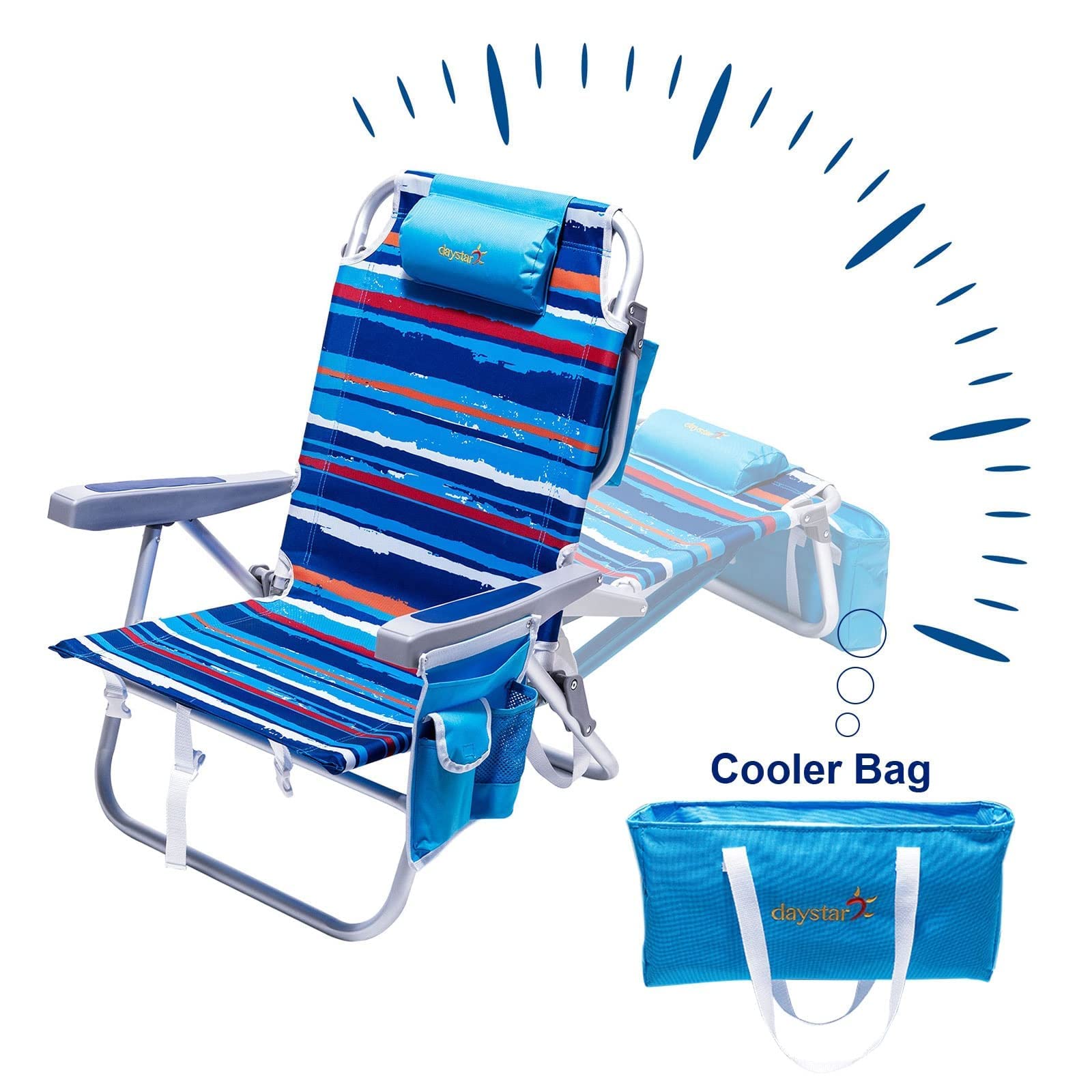 SUNNYFEEL Low Beach Chair 5 Position Lay Flat, Portable Folding Backpack Beach Chairs Heavy Duty with Cooler Bag, Cup Holder for