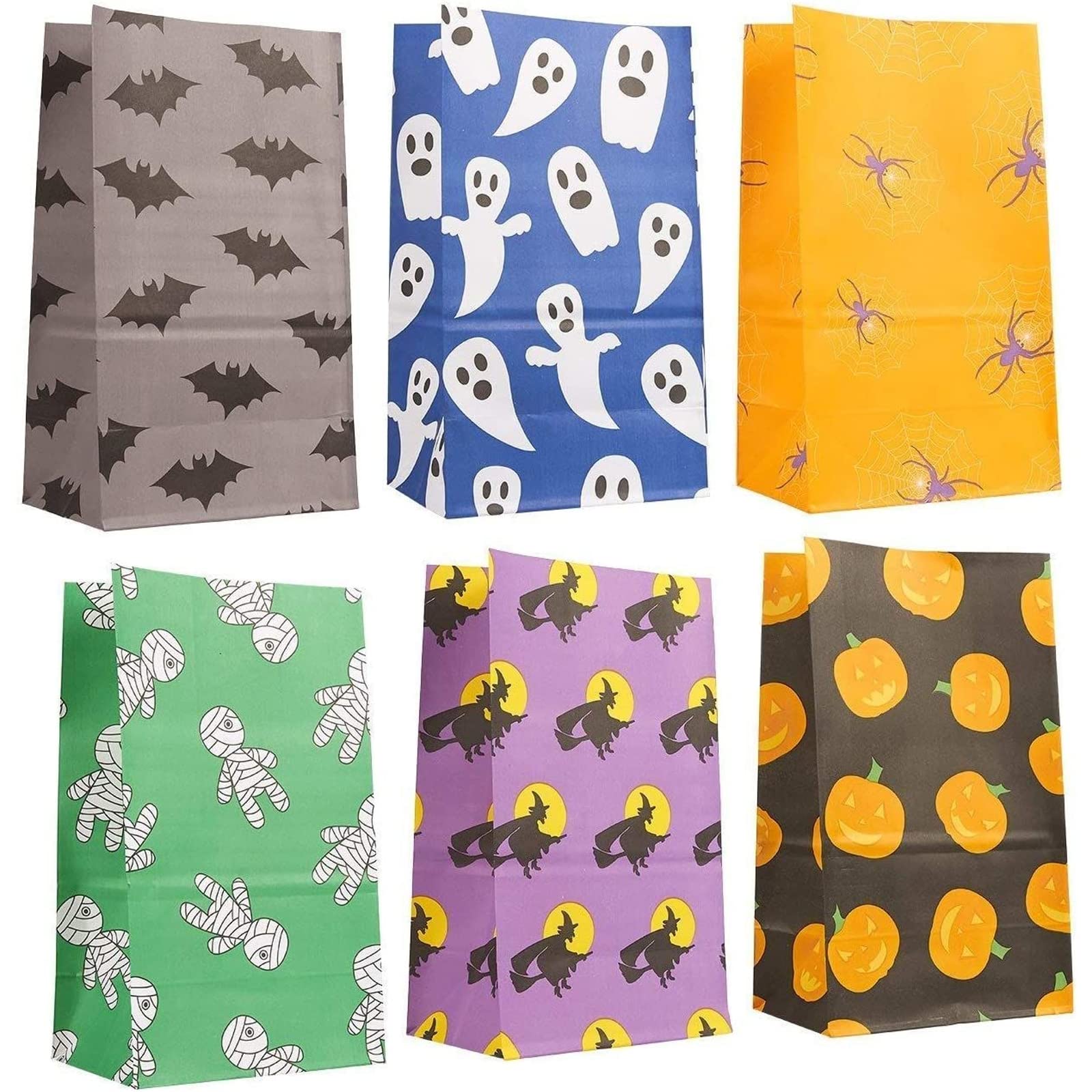 BLUE PANDA - 36-Pack Halloween Party Trick or Treat Paper Goodie Candy Bags, 6 Designs, 5.1 x 8.75 x 3.25 Inches