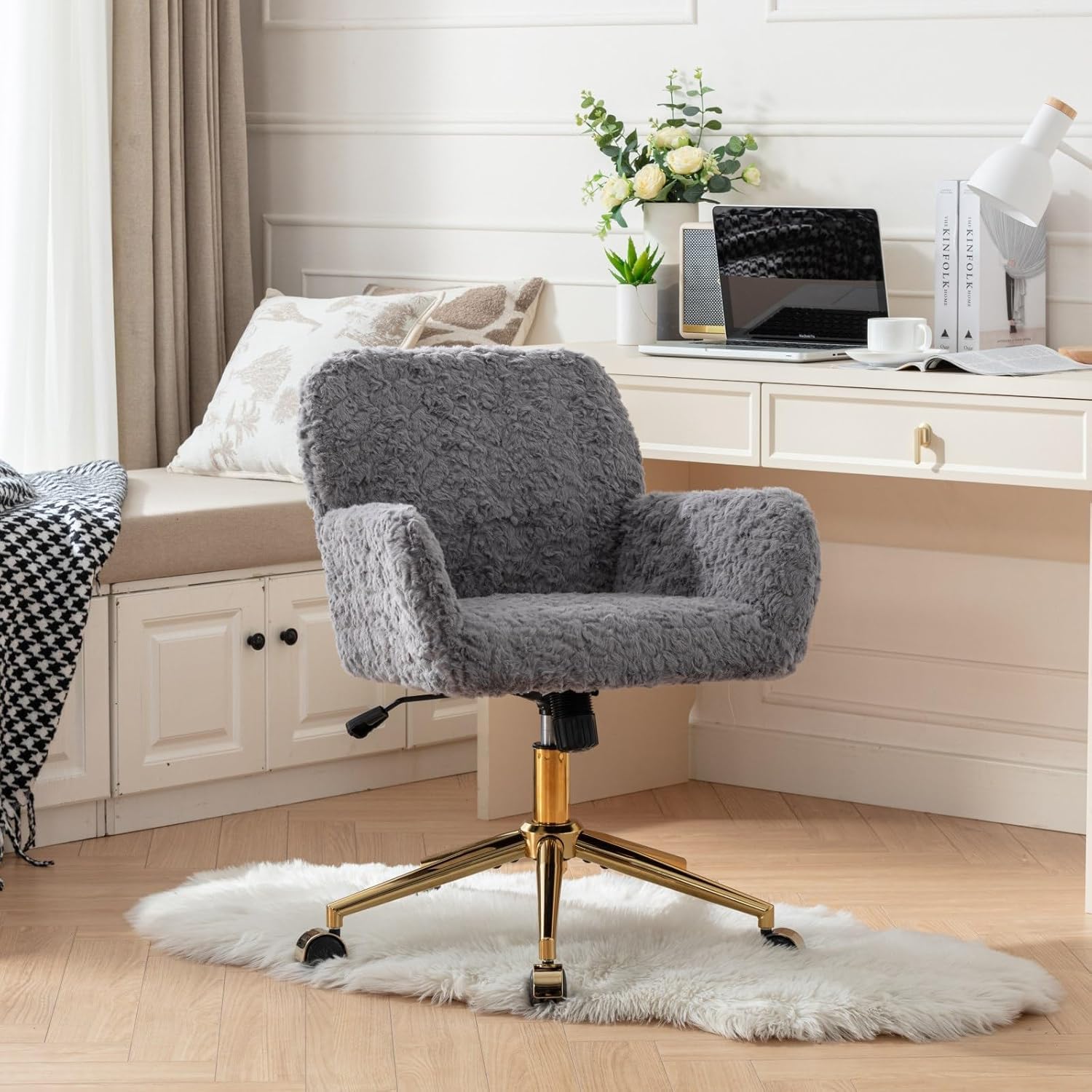 Gray Faux Fur Home Office Chair,Upholstered Elegant Desk Chair Makeup Vanity Chair For Girls,Swivel Desk Chair With Gold Base,He