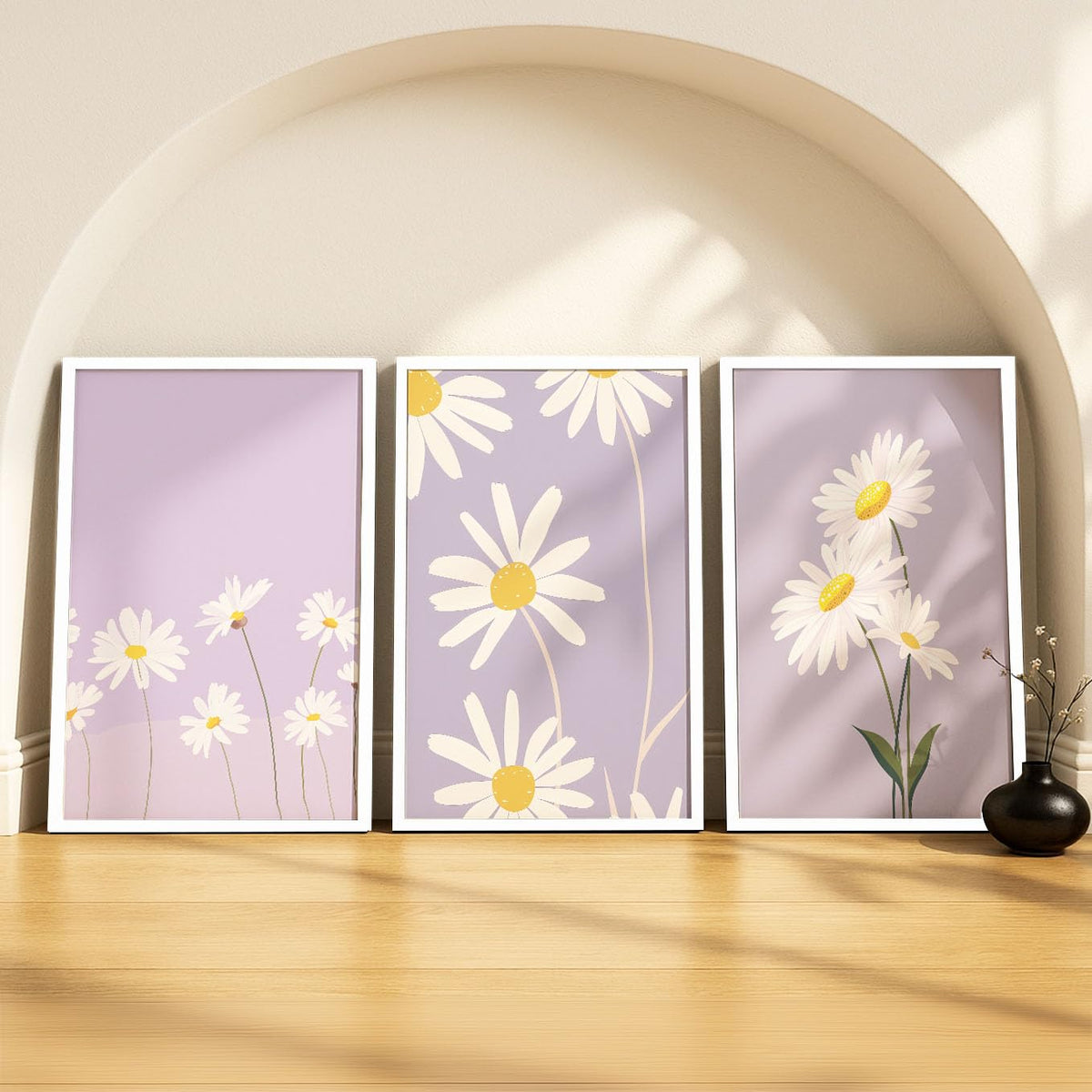 SoulAbiti Minimal Lavender Daisies set of 3 Framed Wall Print 12x18 inch White Frame PlexiGlass Floral Art ready to hang for li