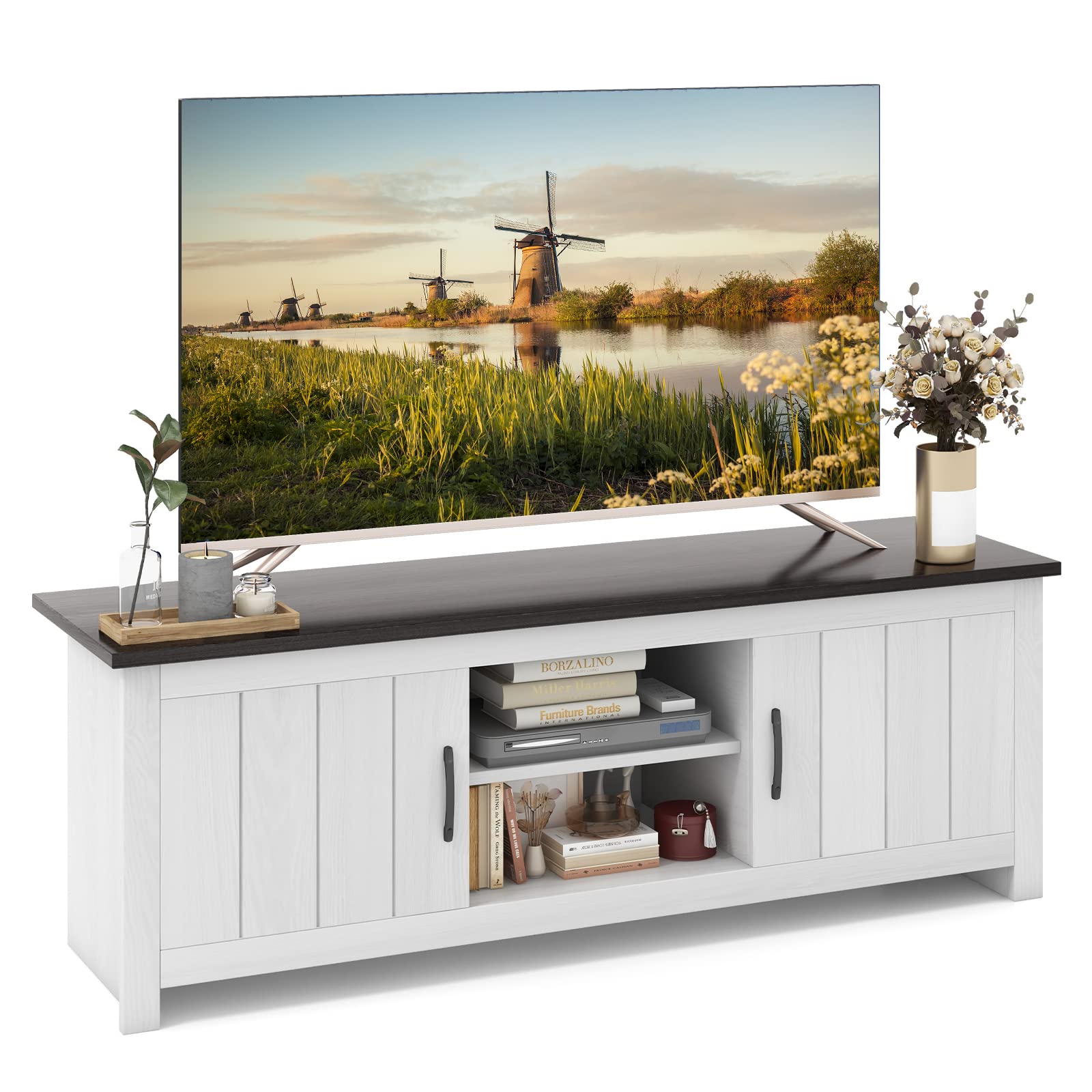 Tangkula 2 Doors TV Stand for TVs up to 65   , 57    TV Console Table w/ 2 Cabinets & Open Shelves, Media Entertainment Center w