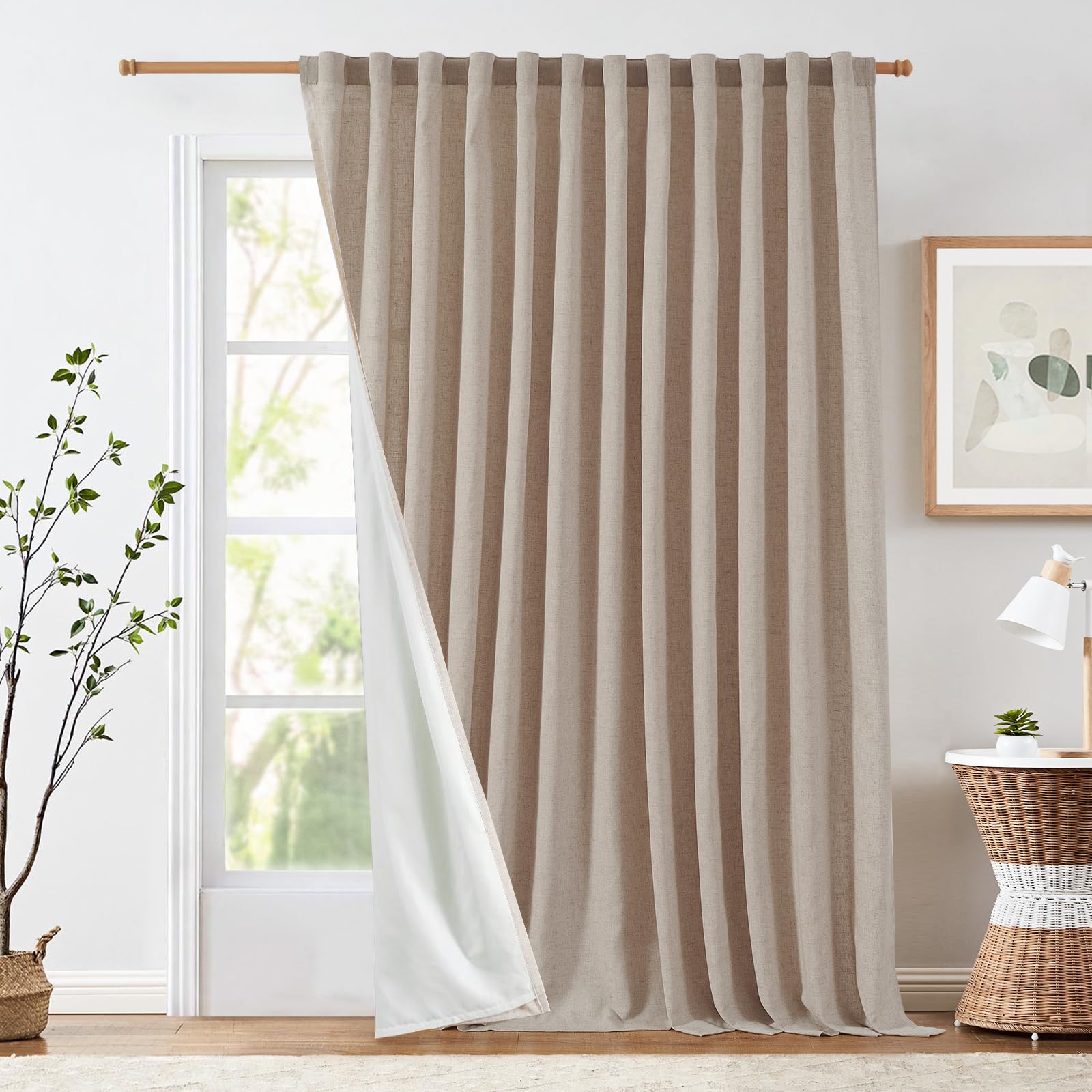 Jinchan Linen Blend Taupe Curtains 100Wx90L Inches For Living Room Extra Wide Farmhouse Rod Pocket Back Tab Light Filtering Window Drapes With Lined For Bedroom Taupe 1 Panel