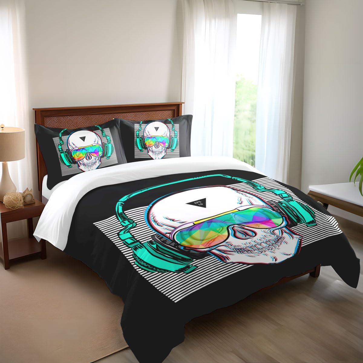 Shompe Music Skull Comforter Sets Twin Size Boys Girls Punk Rocker Skeleton Printed Soft Warm Bedding For All Season