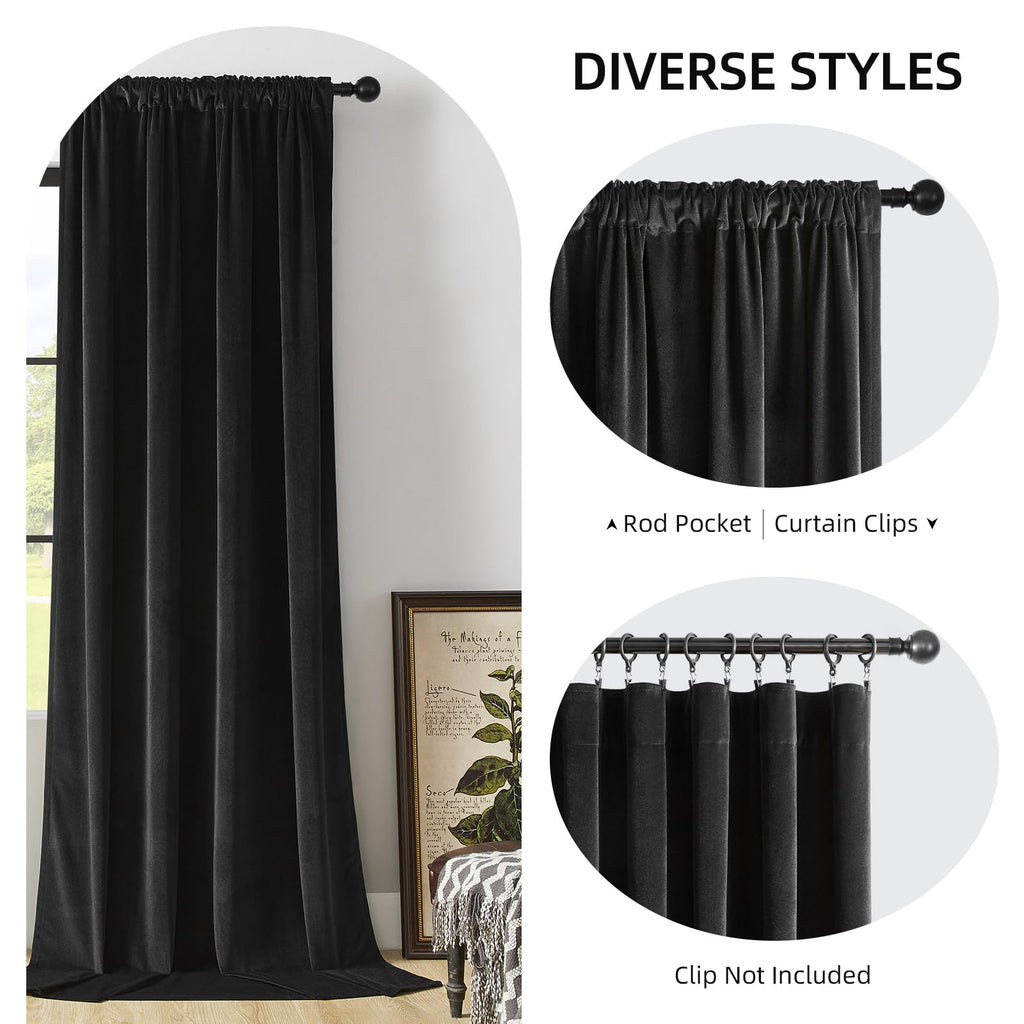 Joydeco Velvet Curtains 72 Inch 1 Panel, Long Luxury Black Blackout Thermal Insulated Rod Pocket Window Curtains, Super Soft Roo