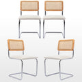 Zesthouse Rattan Dining Chairs Set Of 4, Upholstered Boucle Kitchen Chairs, Mid Century Modern Breuer Designed Inspired Chairs, Armless Accent Chairs With Natural Cane Back & Stainless Chrome Base