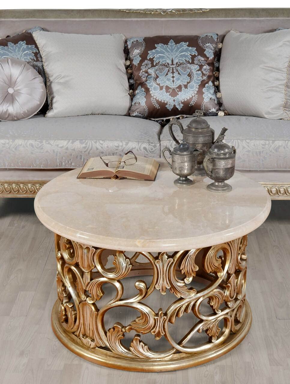 Afd Home Platine Round Coffee Table, Silver Platina, Cream Marble