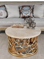 Afd Home Platine Round Coffee Table, Silver Platina, Cream Marble