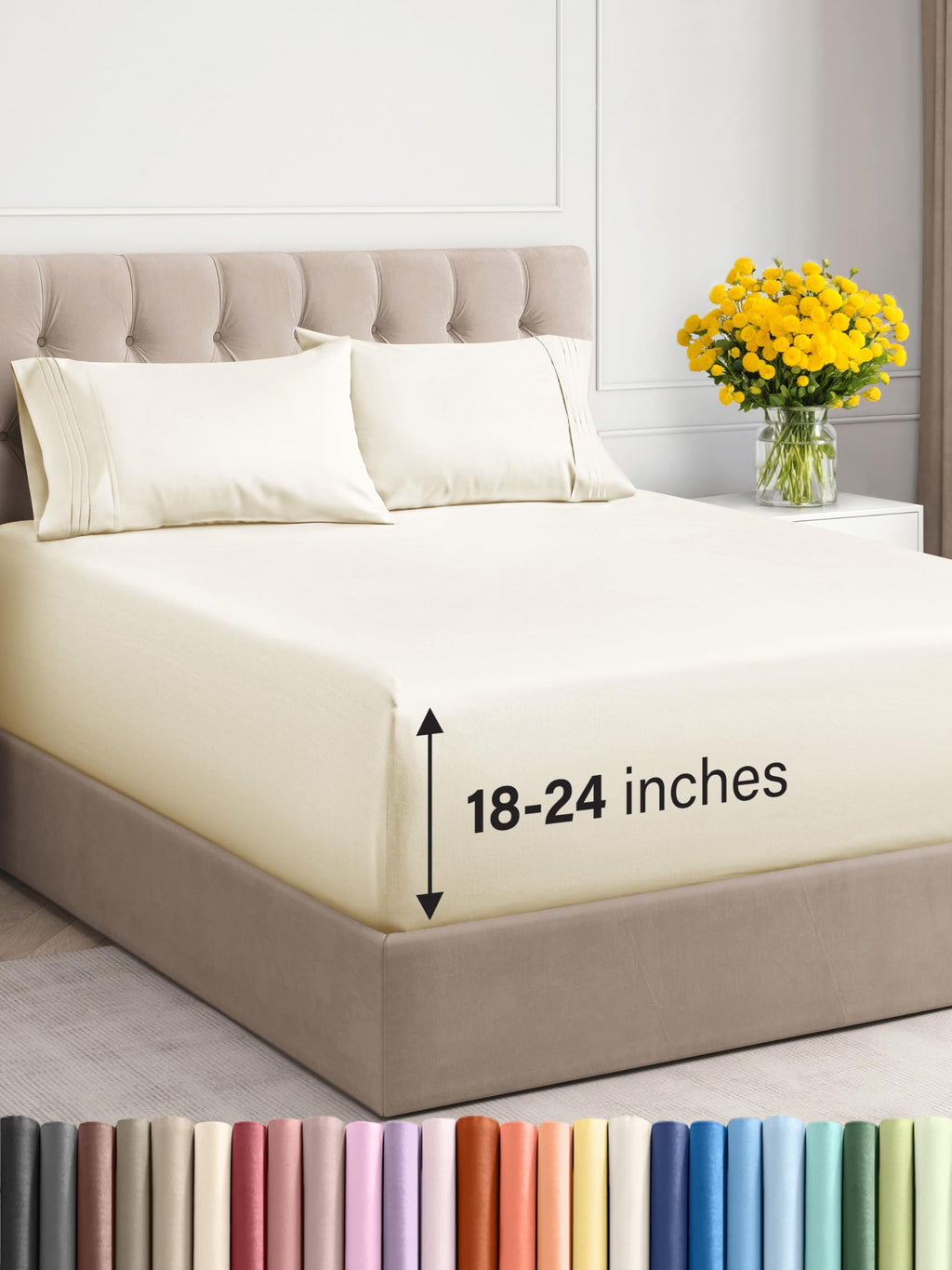 Extra Deep Pocket Cal King Sheets - 4 Piece Breathable & Cooling Bed Sheets - Hotel Luxury Bed Sheet Set - Soft, Wrinkle Free & Comfy - Easily Fits Extra Deep Mattresses - Deep Pocket Off White Sheets