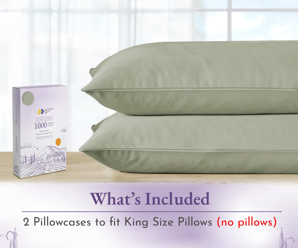 California Design Den 1000 Thread Count Premium Pillow Cases, Soft & Smooth 100% Cotton Sateen Weave Hotel-Quality, Cotton King Pillowcases Set Of 2 Fits King Size Pillows (Sage Green)