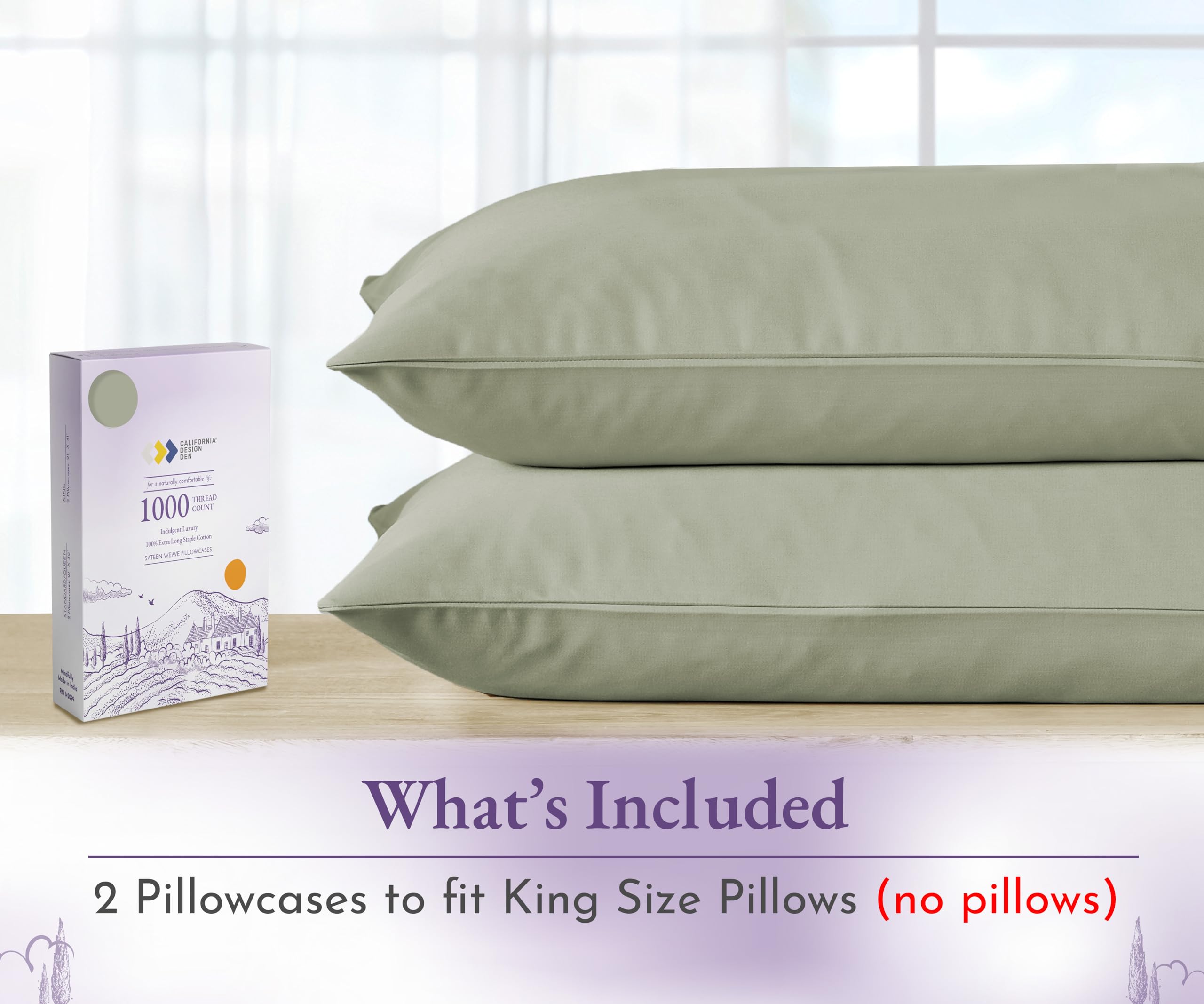 California Design Den 1000 Thread Count Premium Pillow Cases, Soft & Smooth 100% Cotton Sateen Weave Hotel-Quality, Cotton King Pillowcases Set Of 2 Fits King Size Pillows (Sage Green)