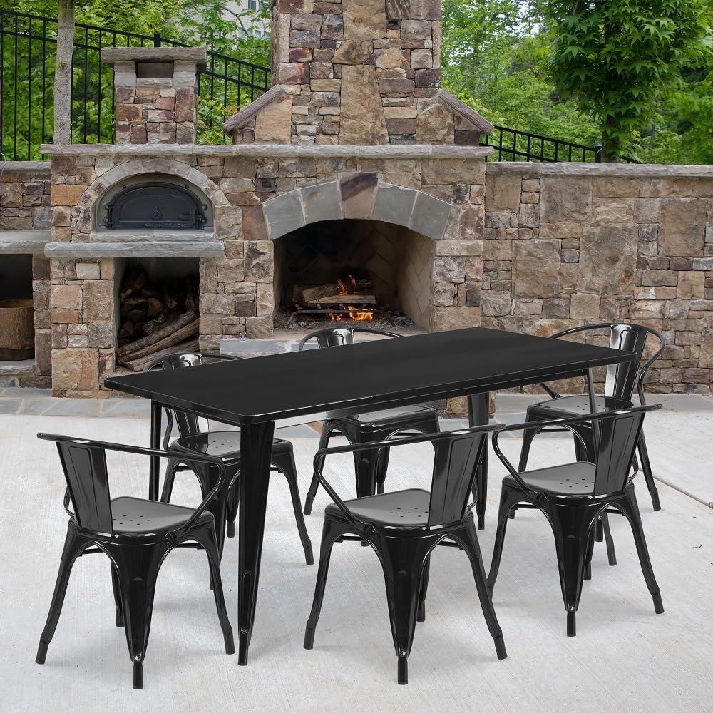 Flash Furniture Commercial Grade 31.5&quot; x 63&quot; Rectangular Black Metal Indoor-Outdoor Table Set with 6 Arm Chairs