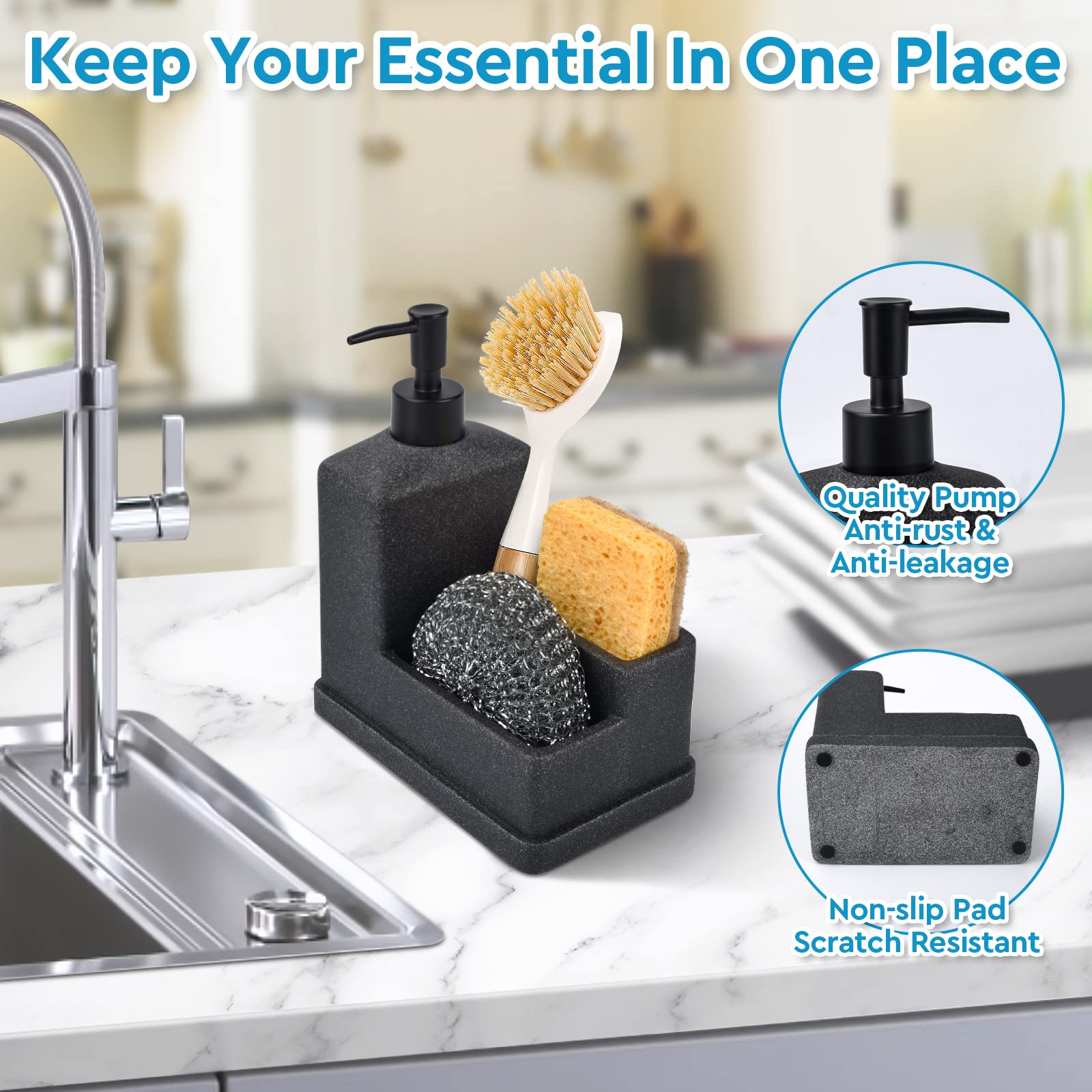 Dish Soap Dispenser With Sponge Holder,Liquid Hand And Dish Soap Dispenser And Spong Caddy With Brush Holder 3 In 1 Countertop O