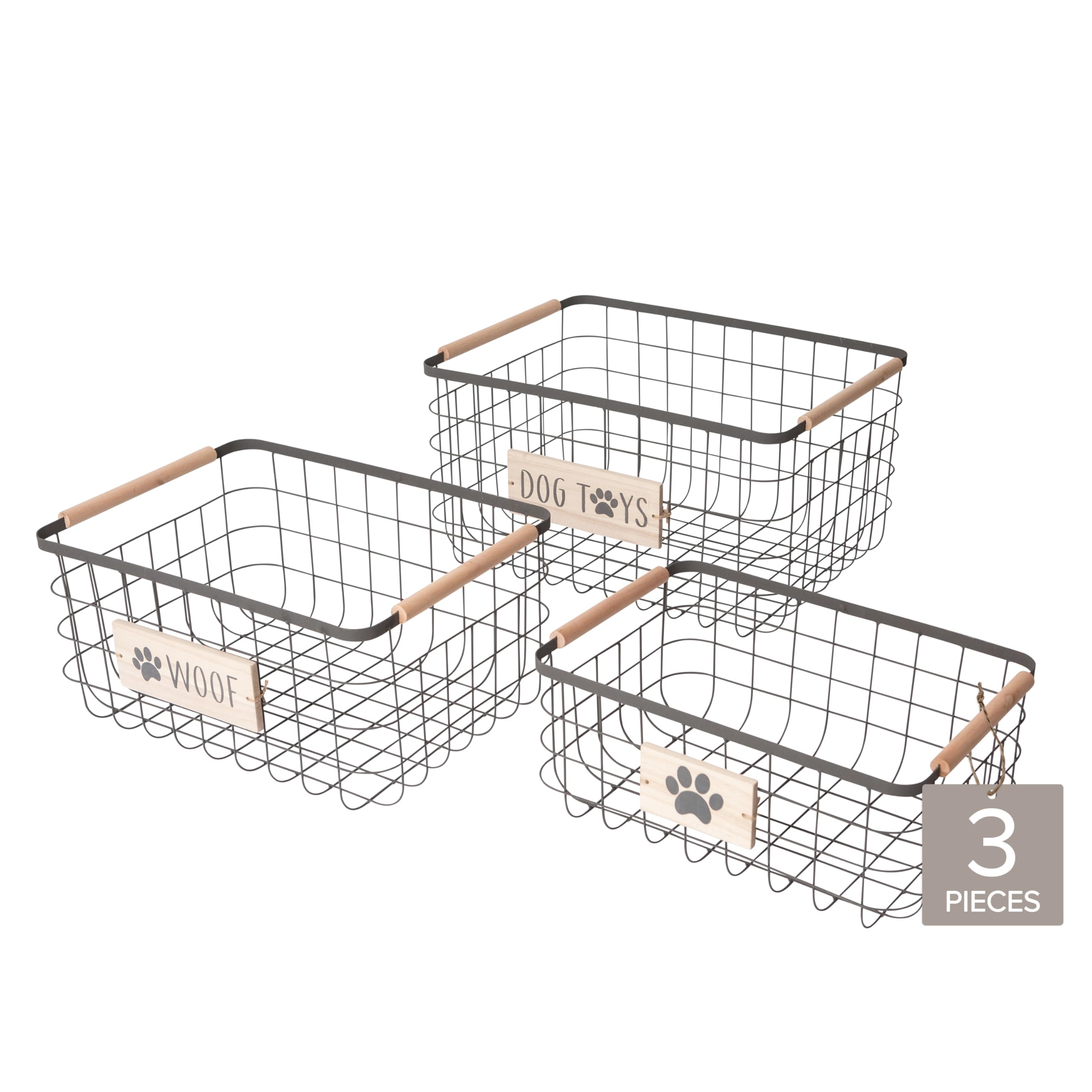 RGI Home Dog Toy Storage Baskets - Set of 3 Rectangular Metal Organizer Bins for Pet and Household Storage, Multi-Sized with Woo