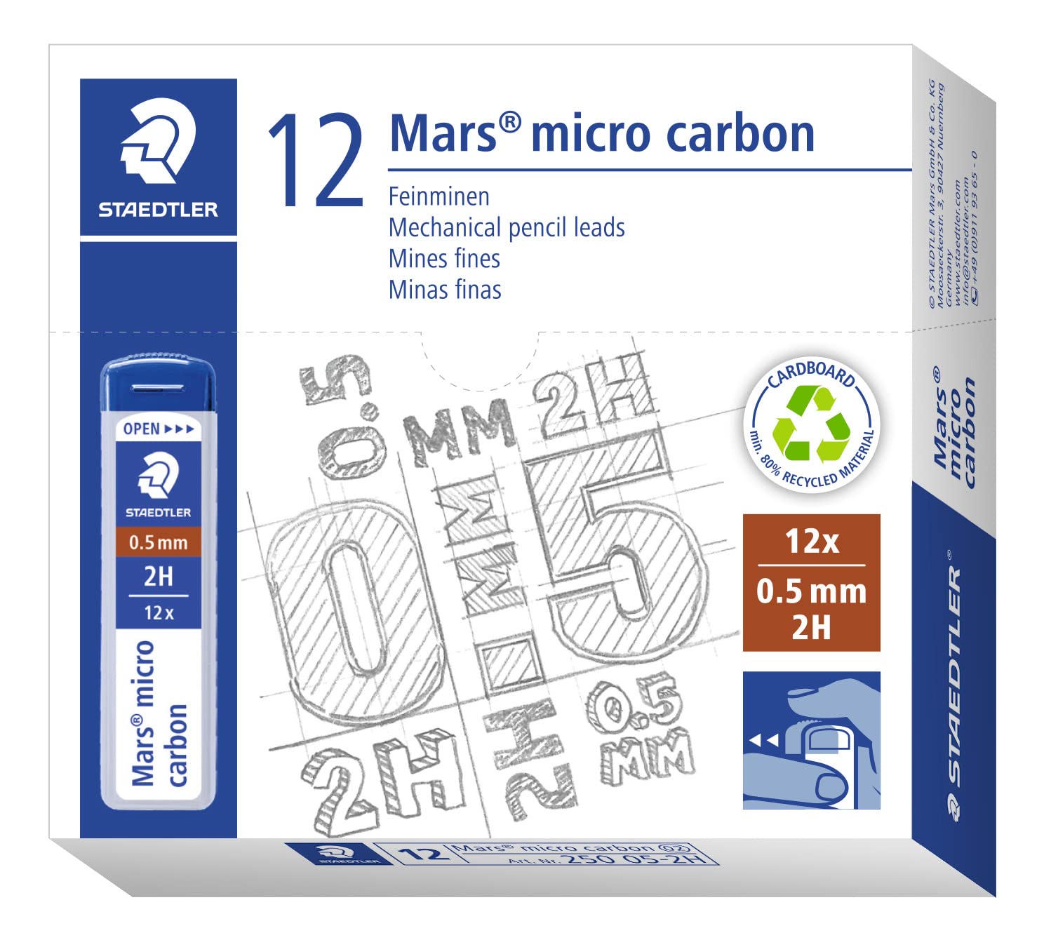 Staedtler Mars Micro Carbon Mechanical Pencil Refills, Tube Of 12 0.5Mm, Pack Of 12 Tubes, 2H Fine Point Graphite Leads, 250 05-