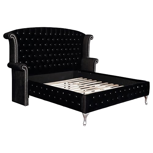 Coaster Home Furnishings Deanna Modern Classic Velvet Upholstered Queen Size Wingback Bed Frame Platform Bed 66-inch Headboard Black 206101Q