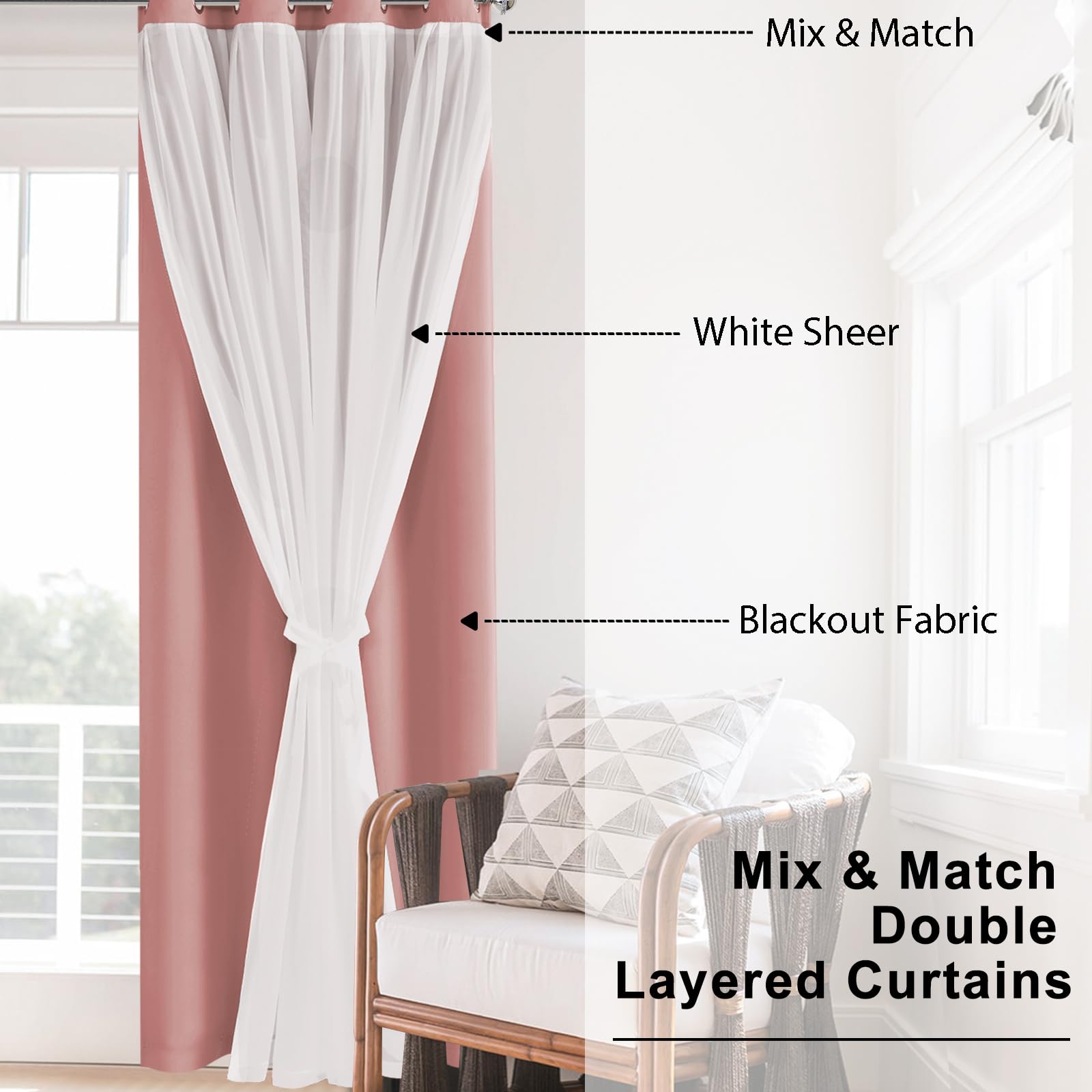 Hiasan Blackout Curtains With Sheer Overlay,Thermal Insulated Mix & Match Double Layer Room Darkening Curtains For Bedroom,Livin