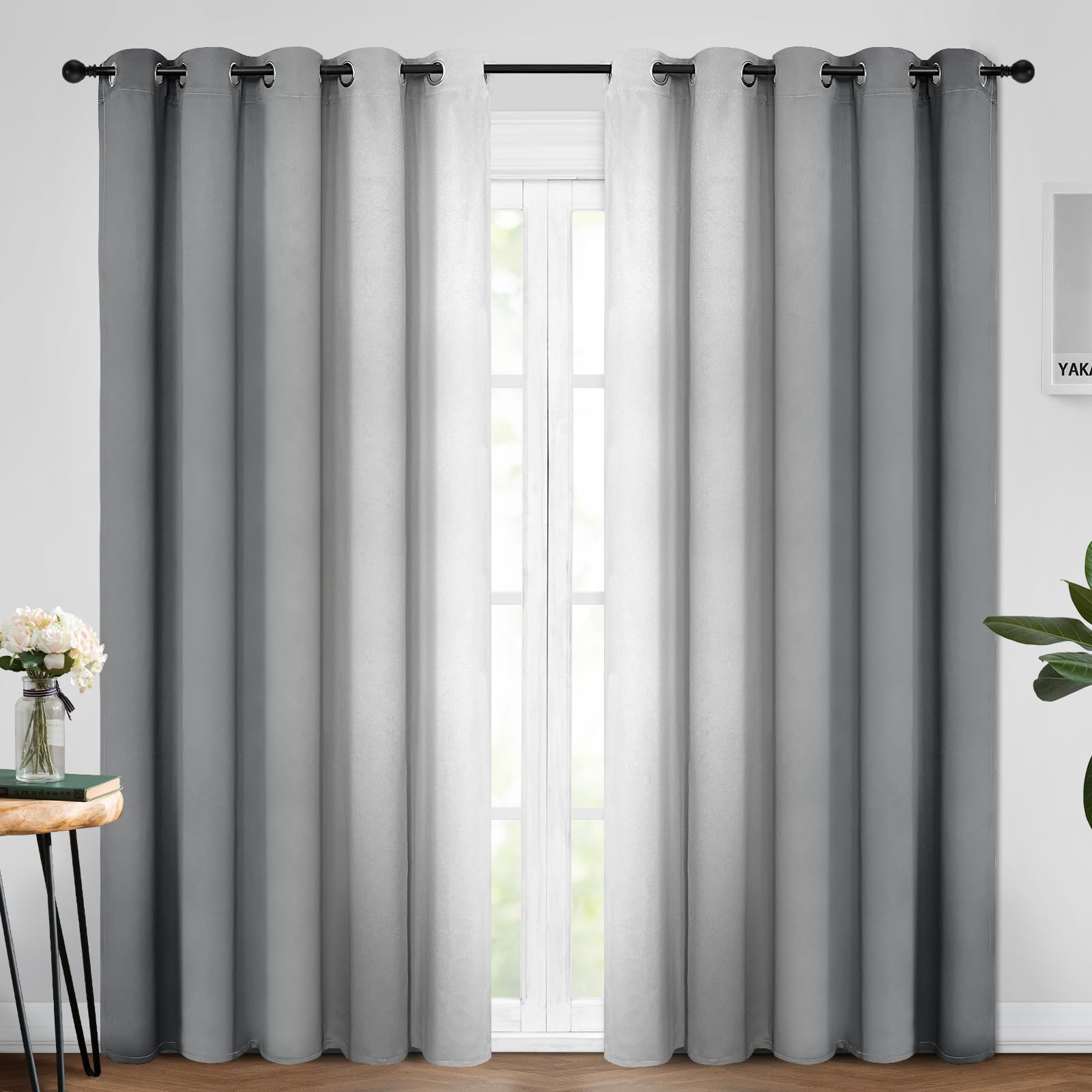Yakamok Room Darkening Ombre Curtains 84 Inch Length, Grey And Greyish White Thermal Insulated Gradient Color Curtains,Light Blo