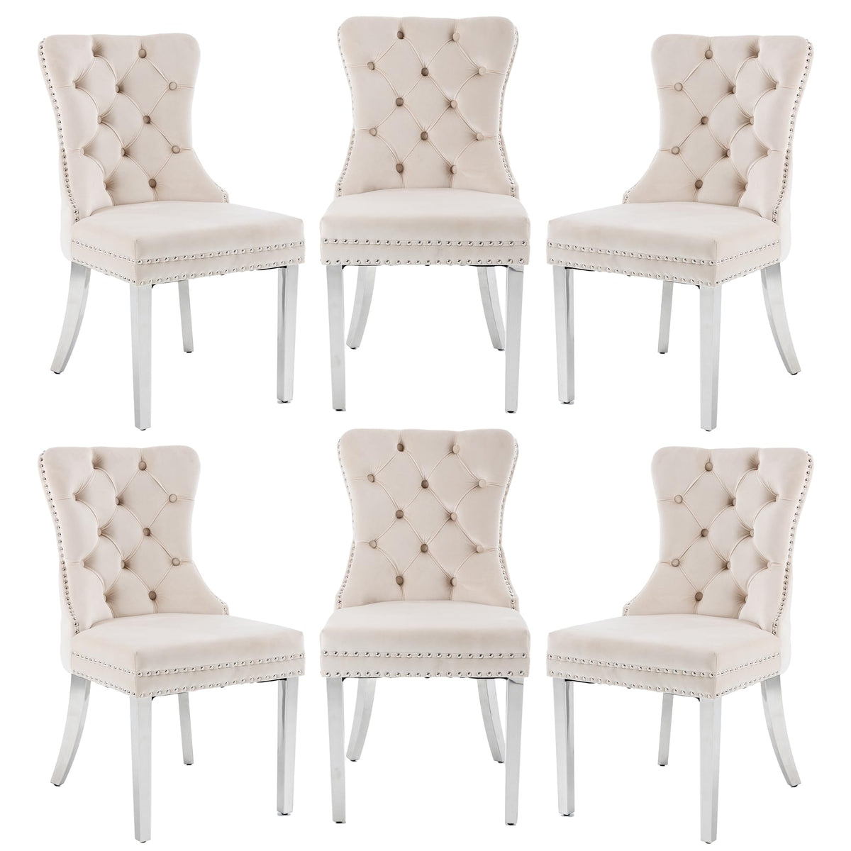 Goolon Dining Room Chairs Set Of 6, Button Tufted Velvet Chairs With Modern Stainless Steel Legs, Rivet Trim Metal Pull Ring Lar