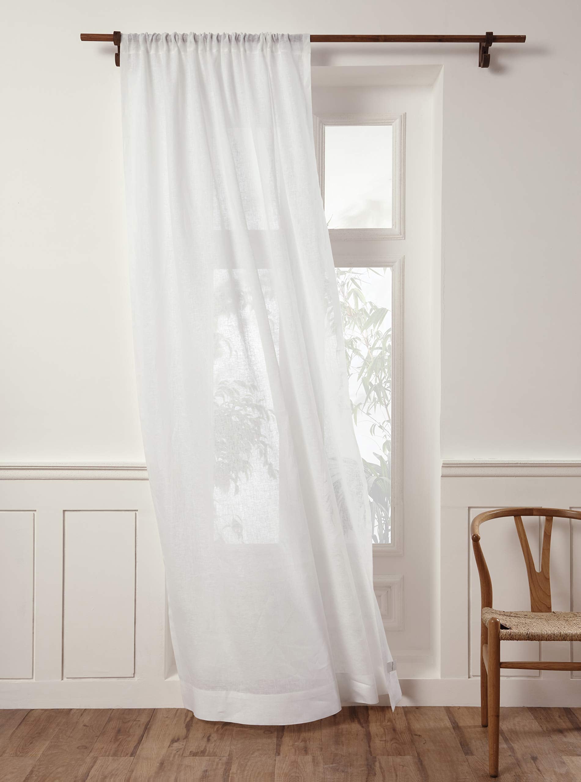 Solino Home Linen Sheer Curtain 108 Inches Long - White 100% Pure Linen European Flax Window Sheer Curtain Panel 52 X 108 Inch -
