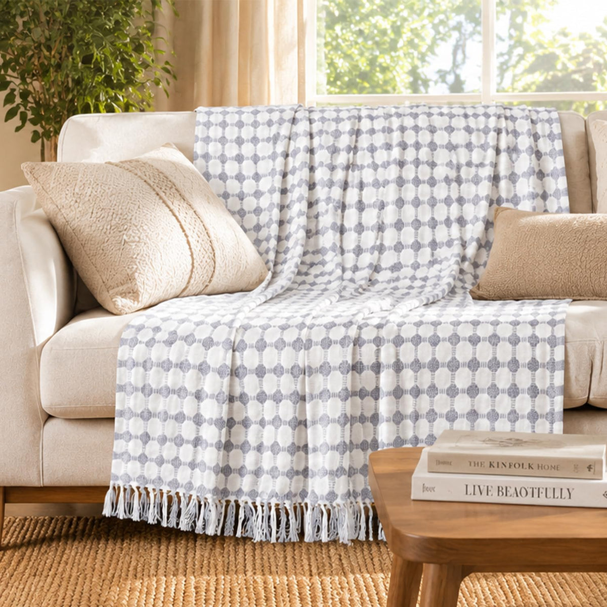 Furnofy 100% Cotton Sofa Throw | Handmade Throw  50x60 Inches (Pack of 1) (White Button)