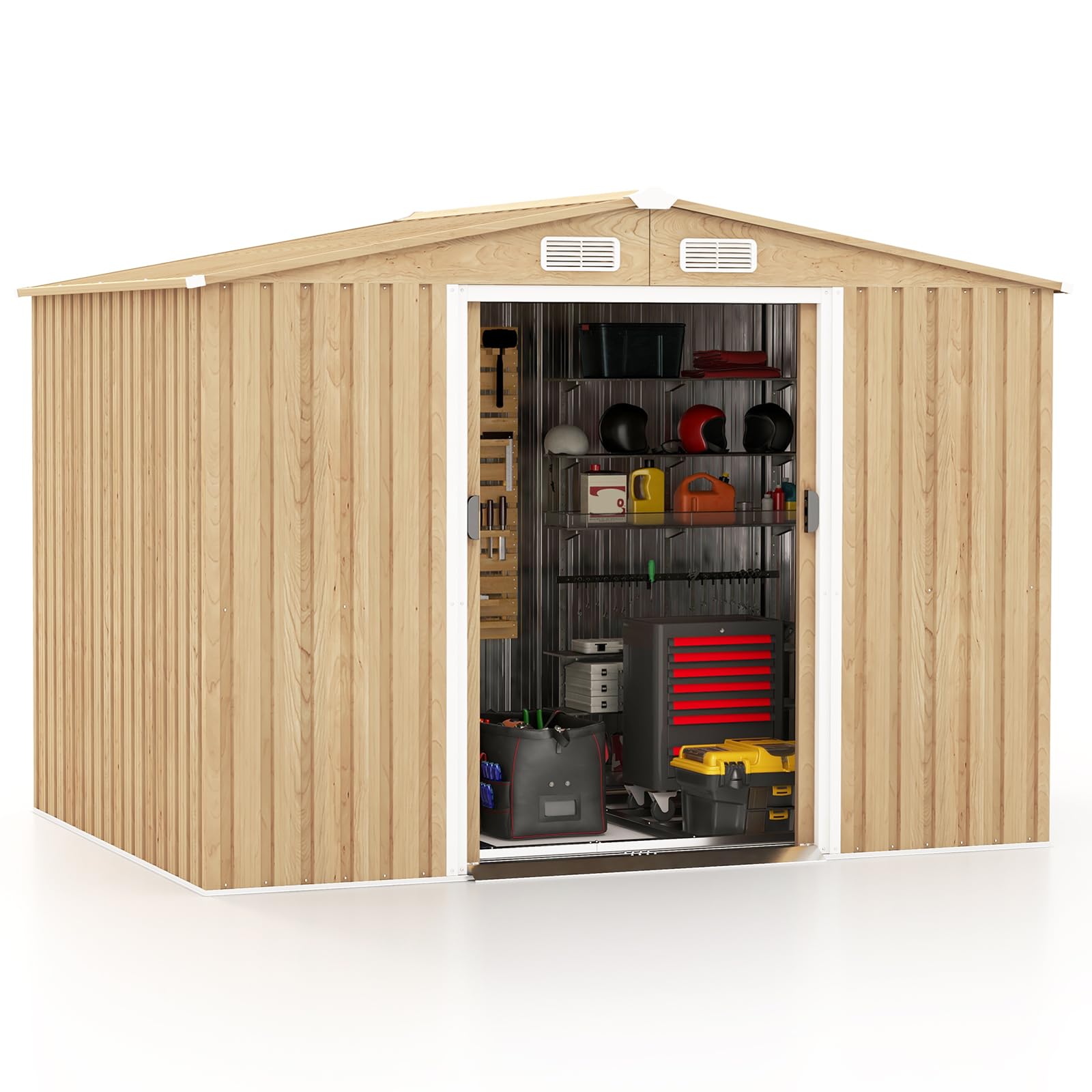 Goplus 8' X 6' Woodgrain Outdoor Storage Shed, Galvanized Metal Tool House Organizer W/Base Floor, 4 Vents, Lockable Doors, Wate
