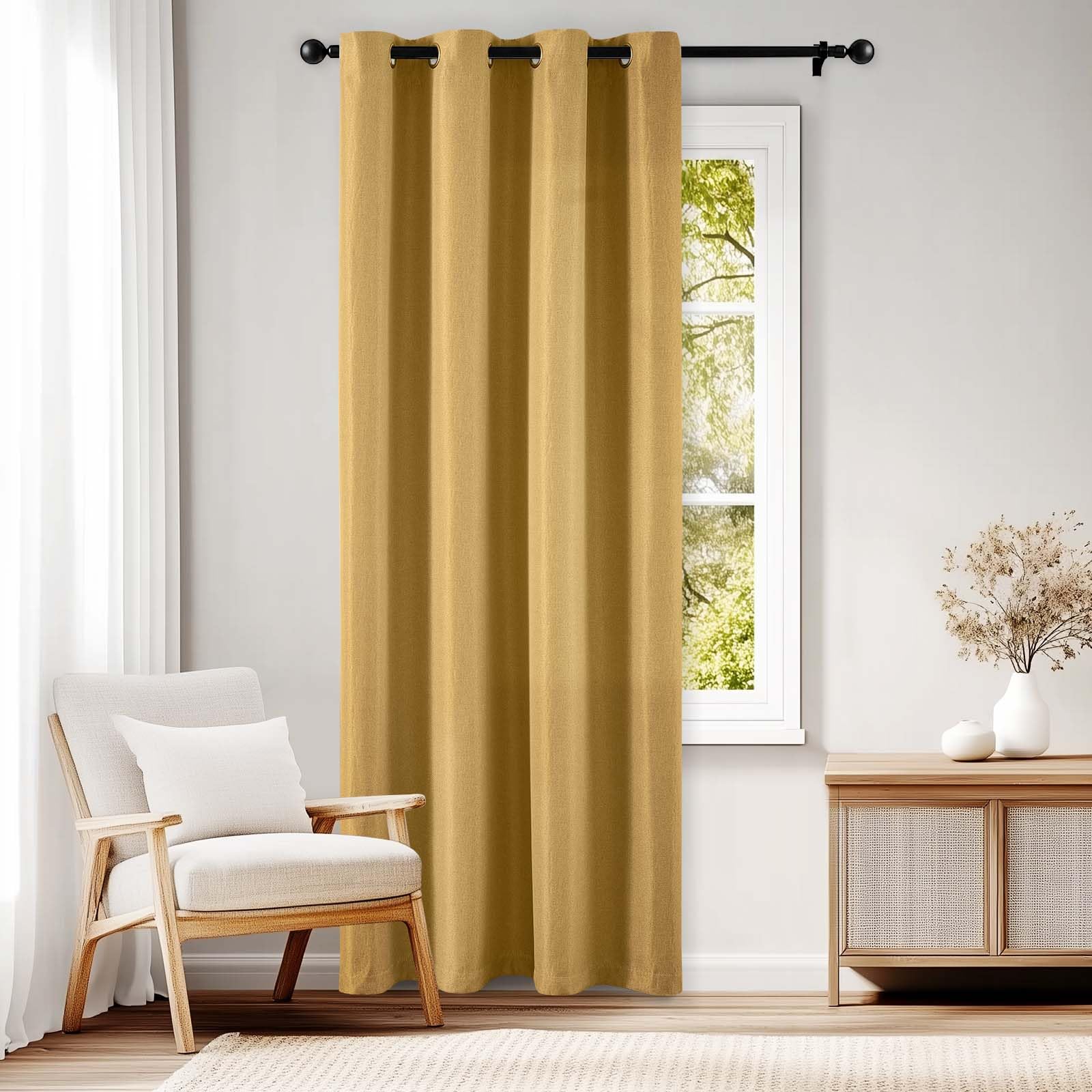 Jinchan Linen Textured Room Darkening Curtain 84 Inches Long For Living Room Room Thermal Insulated Grommet Top Window Drape For Bedroom 52X84 Mustard Yellow 1 Panel