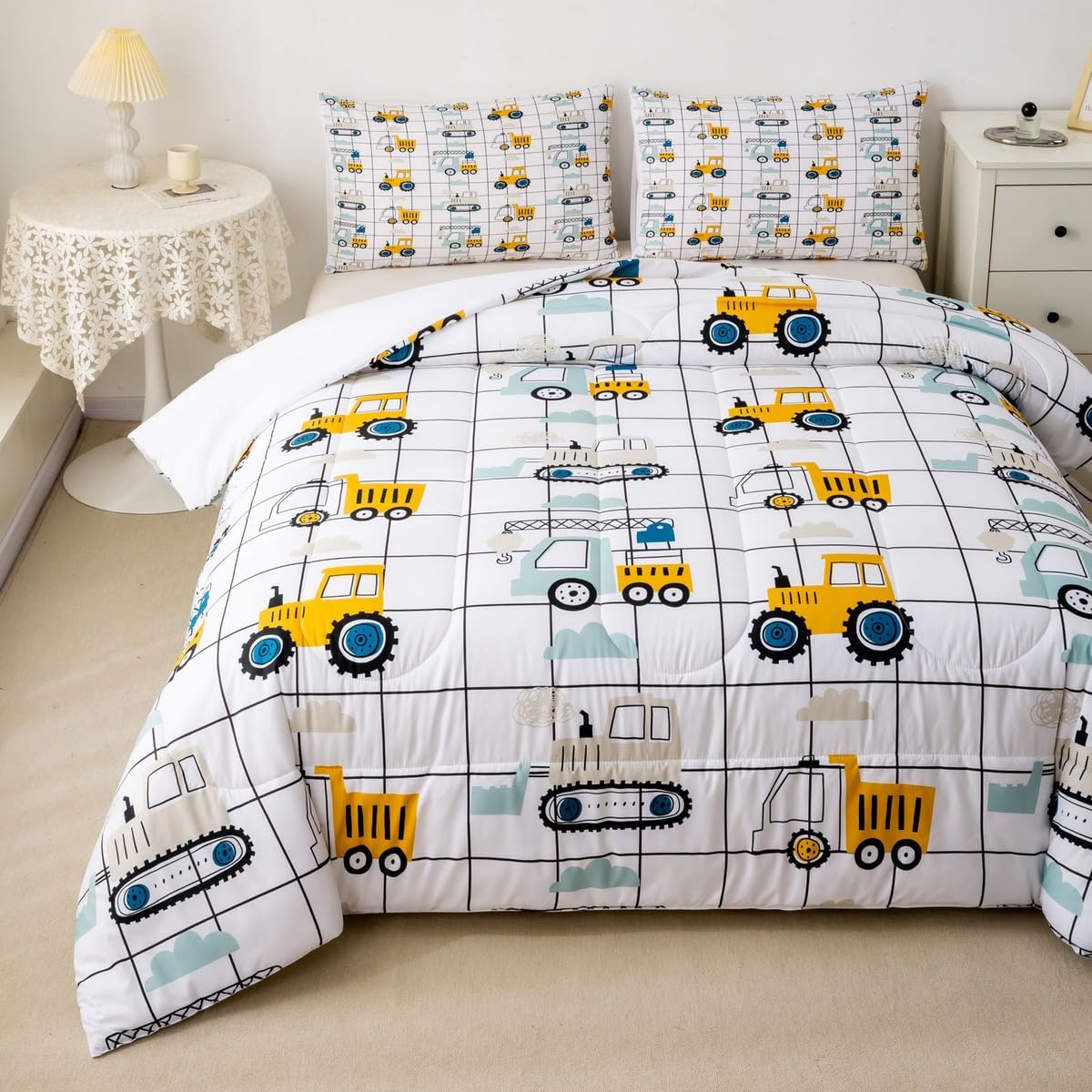 Feelyou Construction Truck Comforter Set Twin Size Kids Machinery Truck Excavators Vehicles Comforter For Boys Teens Cartoon Tra