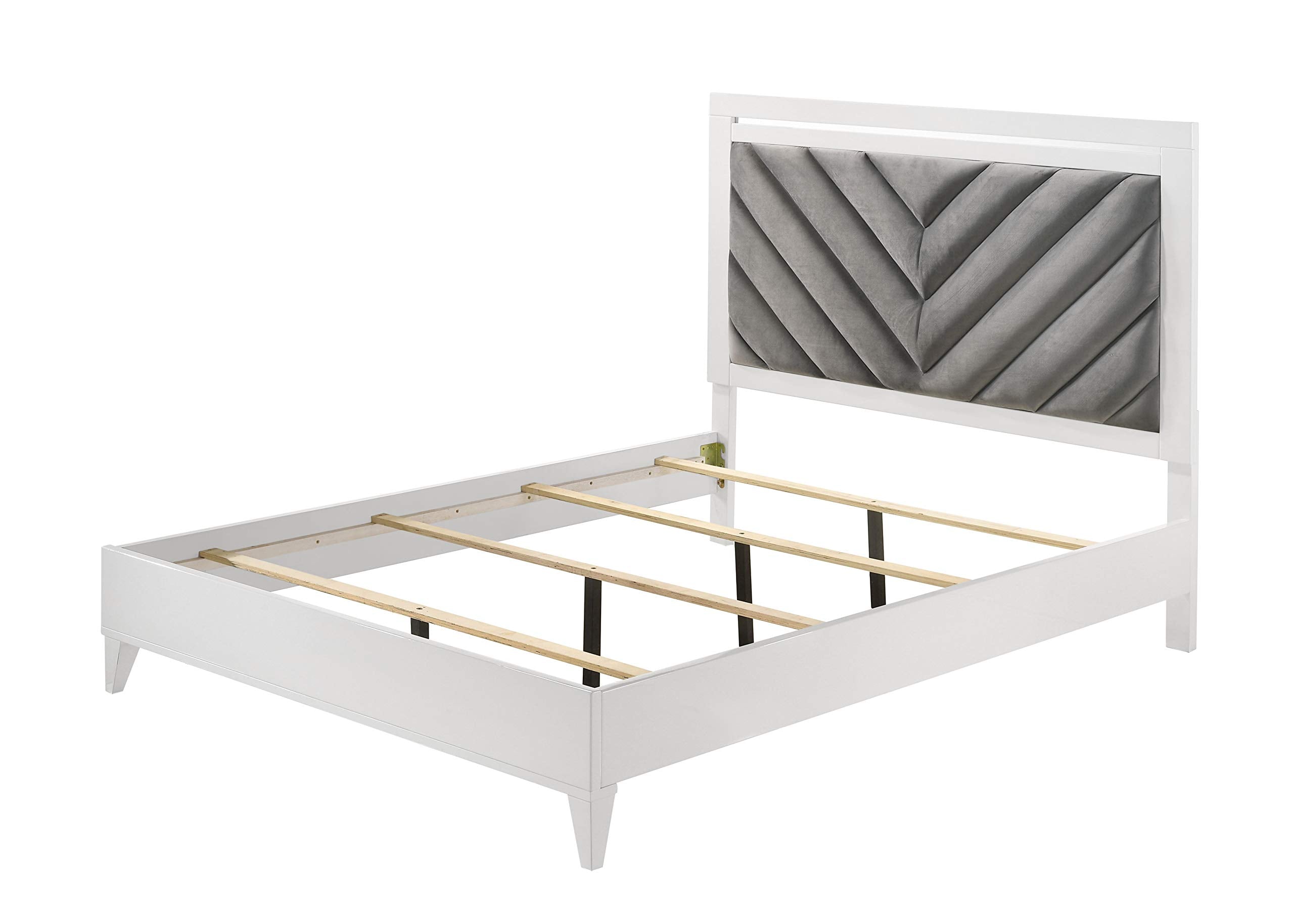 Acme Chelsie Wooden Eastern King Bed with Velvet Headboard in Gray and White