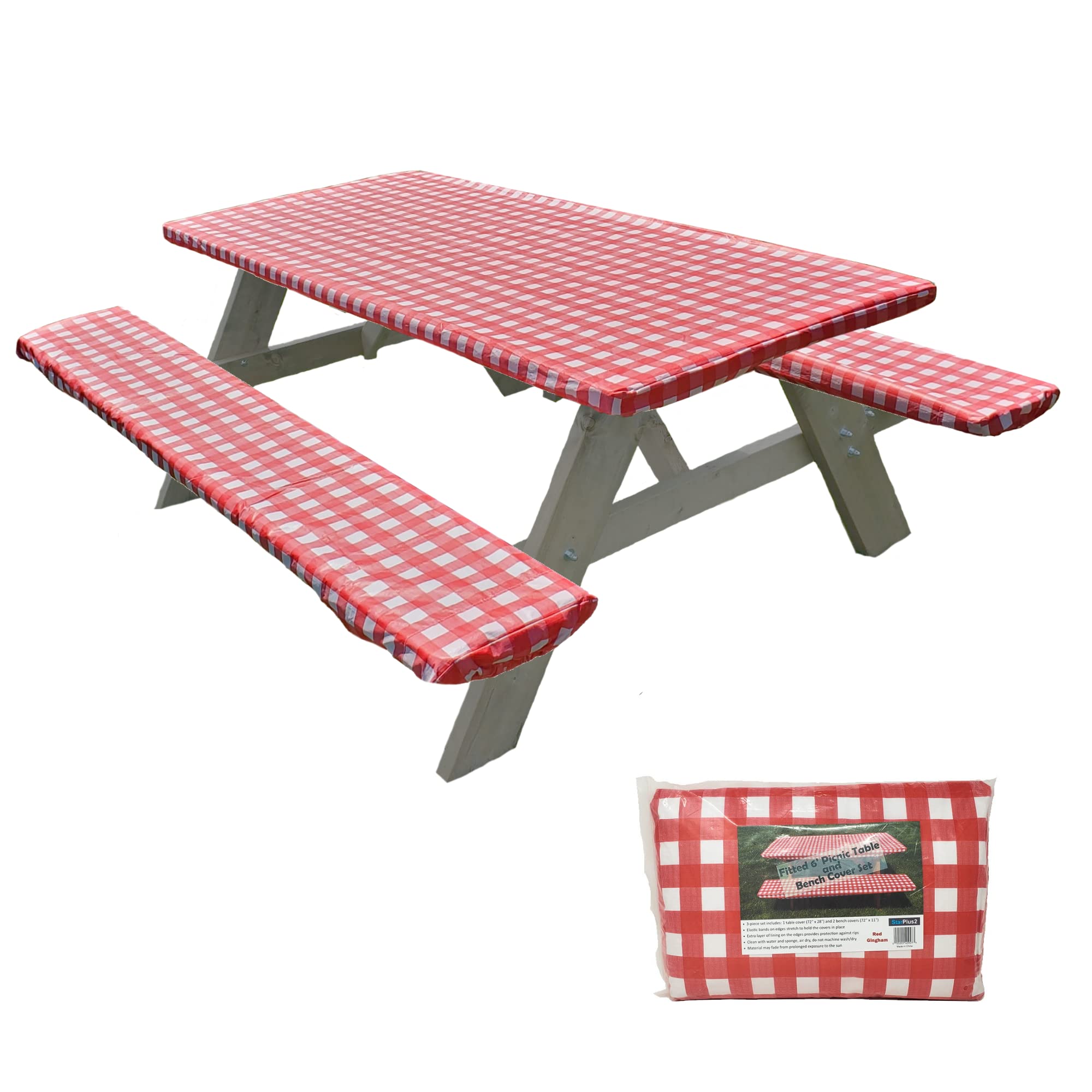 Corner-Protected Against Rips, 6 Foot, Vinyl Fitted Camping Picnic Tablecloth With Bench Covers, Waterproof, Peva, 3-Piece Set (