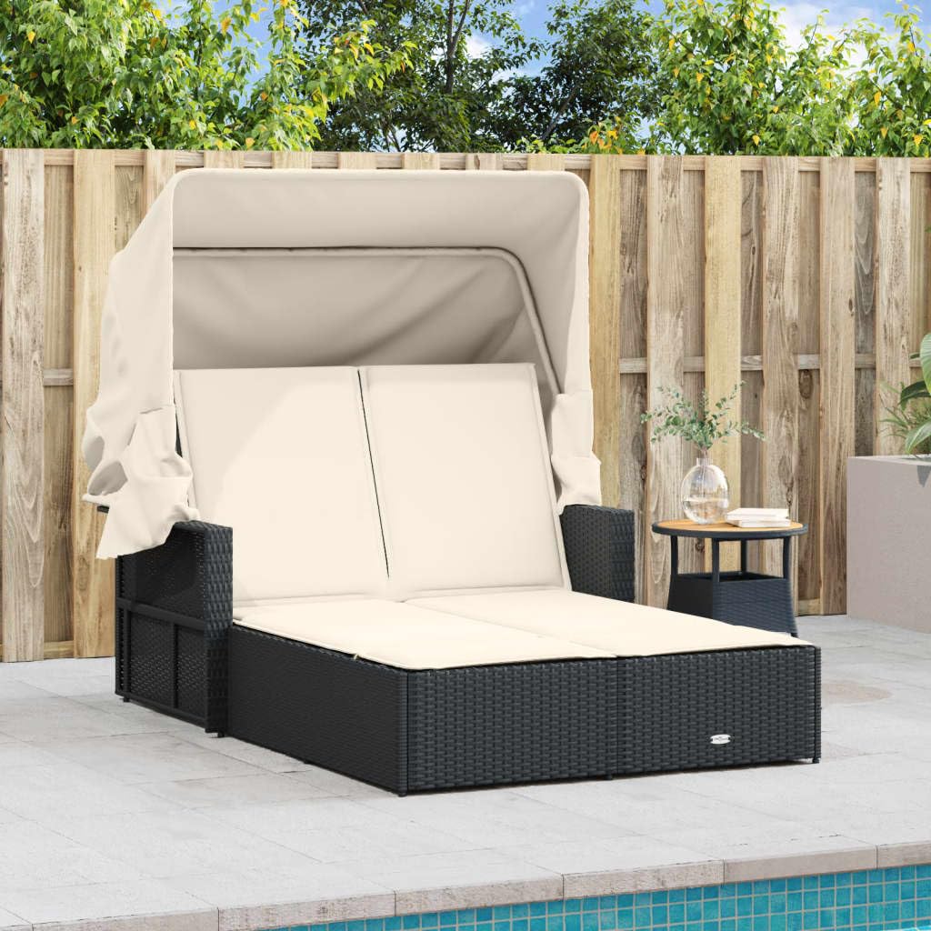 vidaXL Double Sun Lounger with Canopy and Cushions - Outdoor Adjustable Rattan Day Bed, Weather-Resistant, Black/Cream