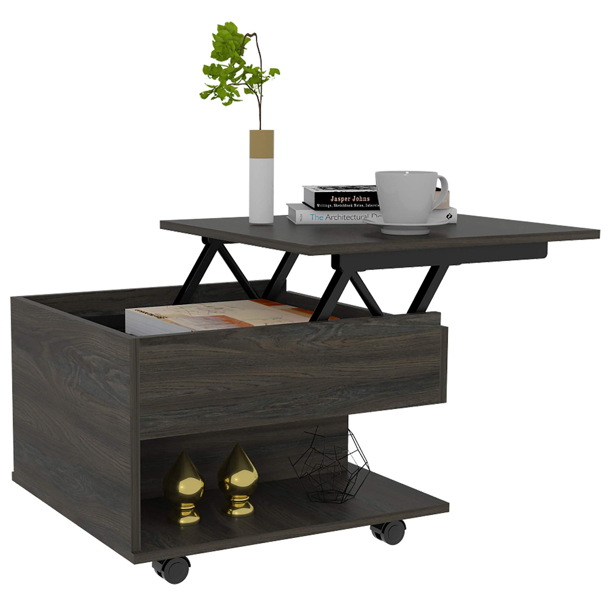 DEPOT E-SHOP Babel Lift Top Coffee Table with Casters and One Shelf, Carbon Espresso, Living Room