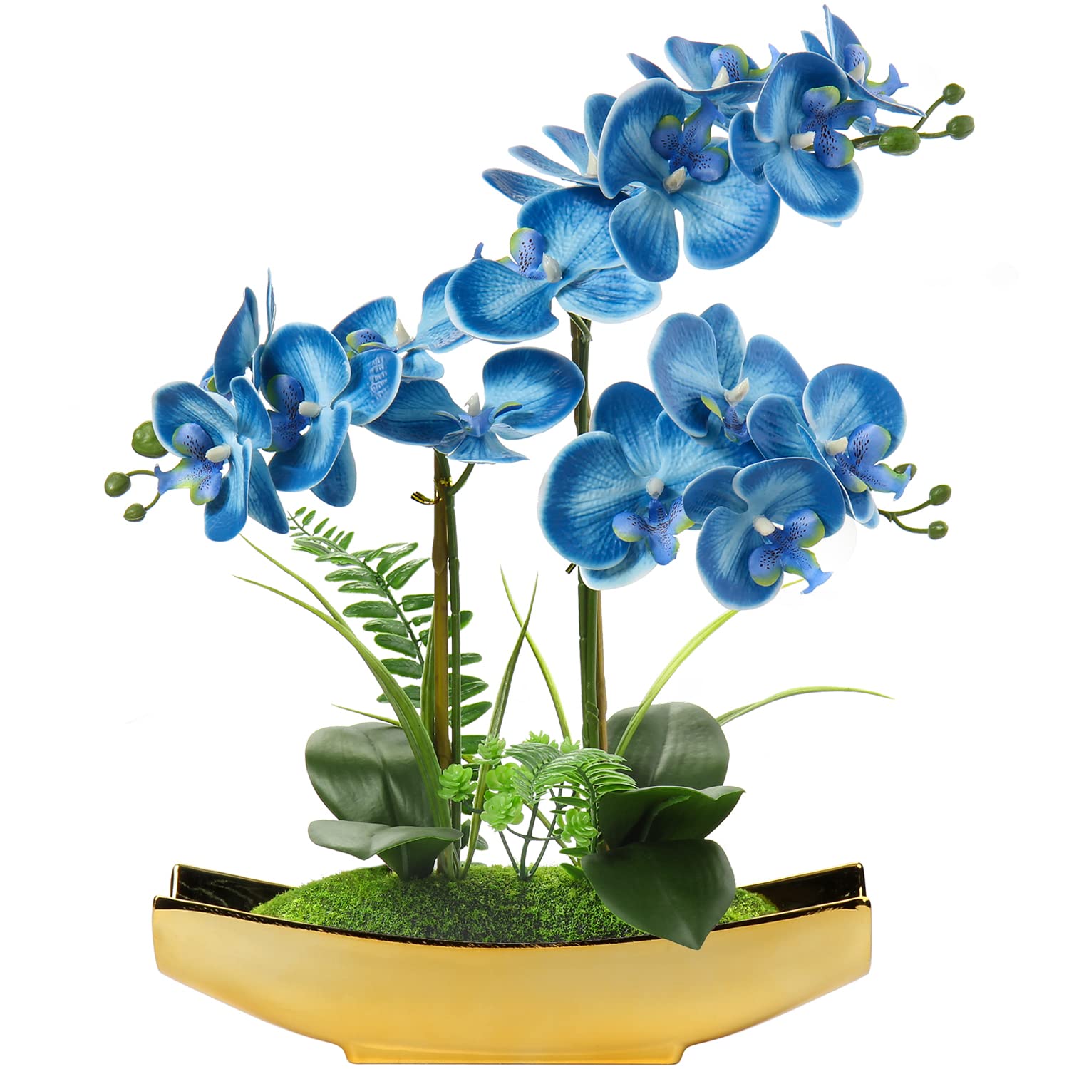 Briful Orchids Artificial Flowers 15'' Blue Phalaenopsis Faux Orchid with Gold Pots Fake Orchid Fake Plant for Home Office Bedro