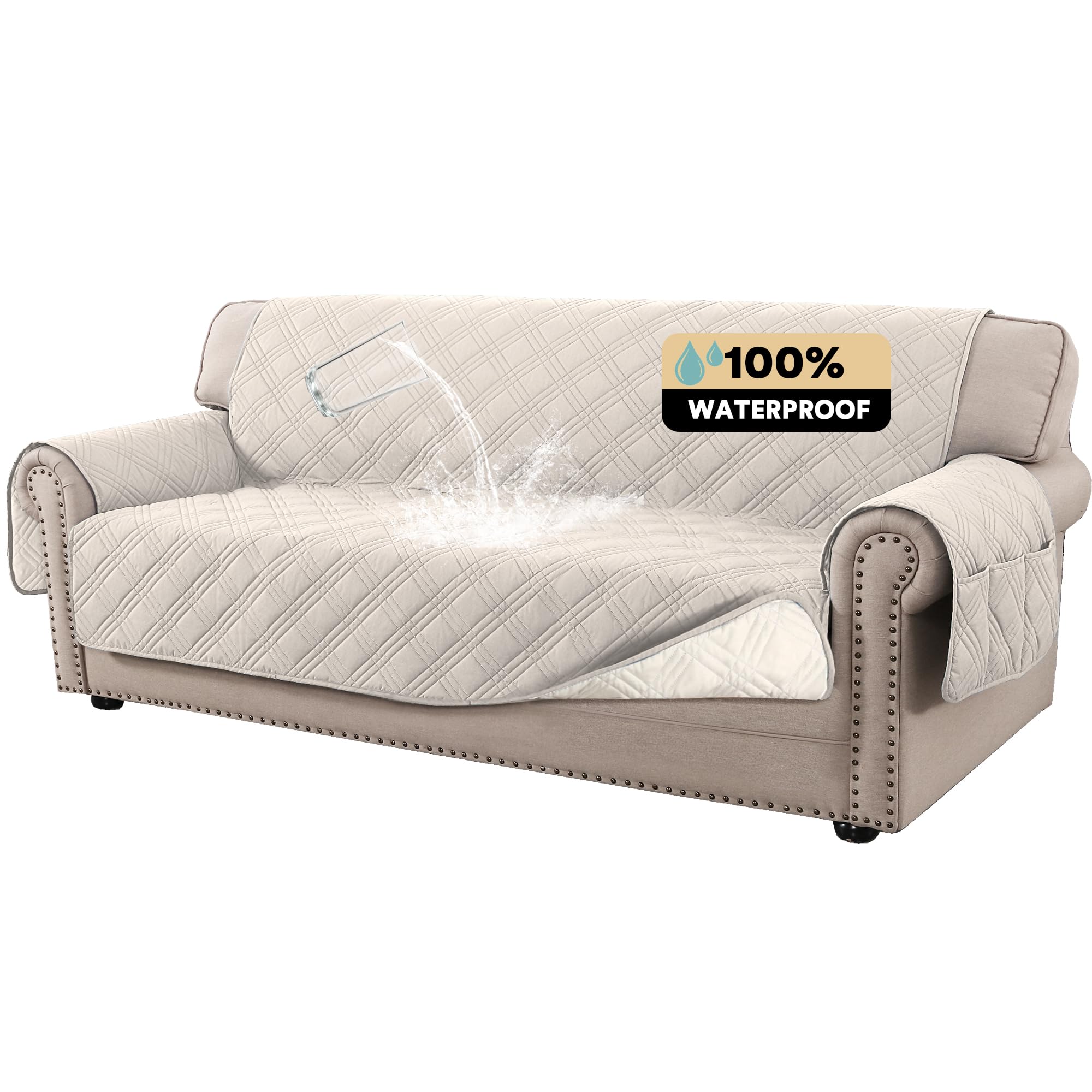 Princedeco 100% Waterproof Couch Cover For 3 Cushion Couch Sofa Pet Friendly Non-Slip Couch Cover For Dogs Washable Water Resistant Furniture Protector With Elastic Straps(Sofa 68', French Oak)